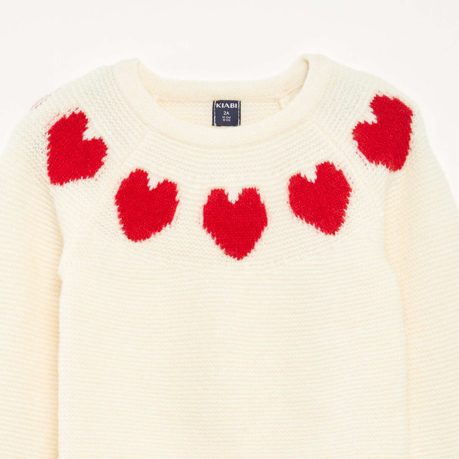 Pull maille jacquard motifs coeurs BLANC