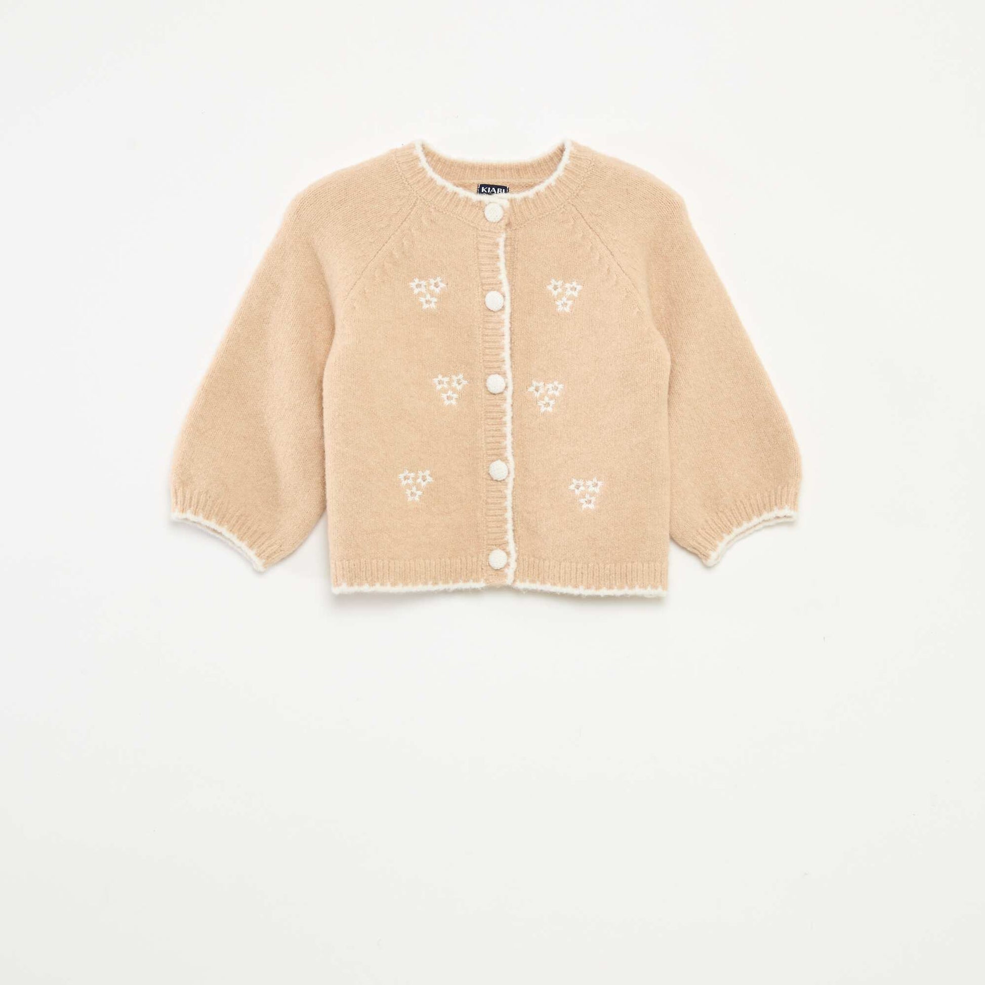 Gilet col rond avec fleurs brodées BLANC