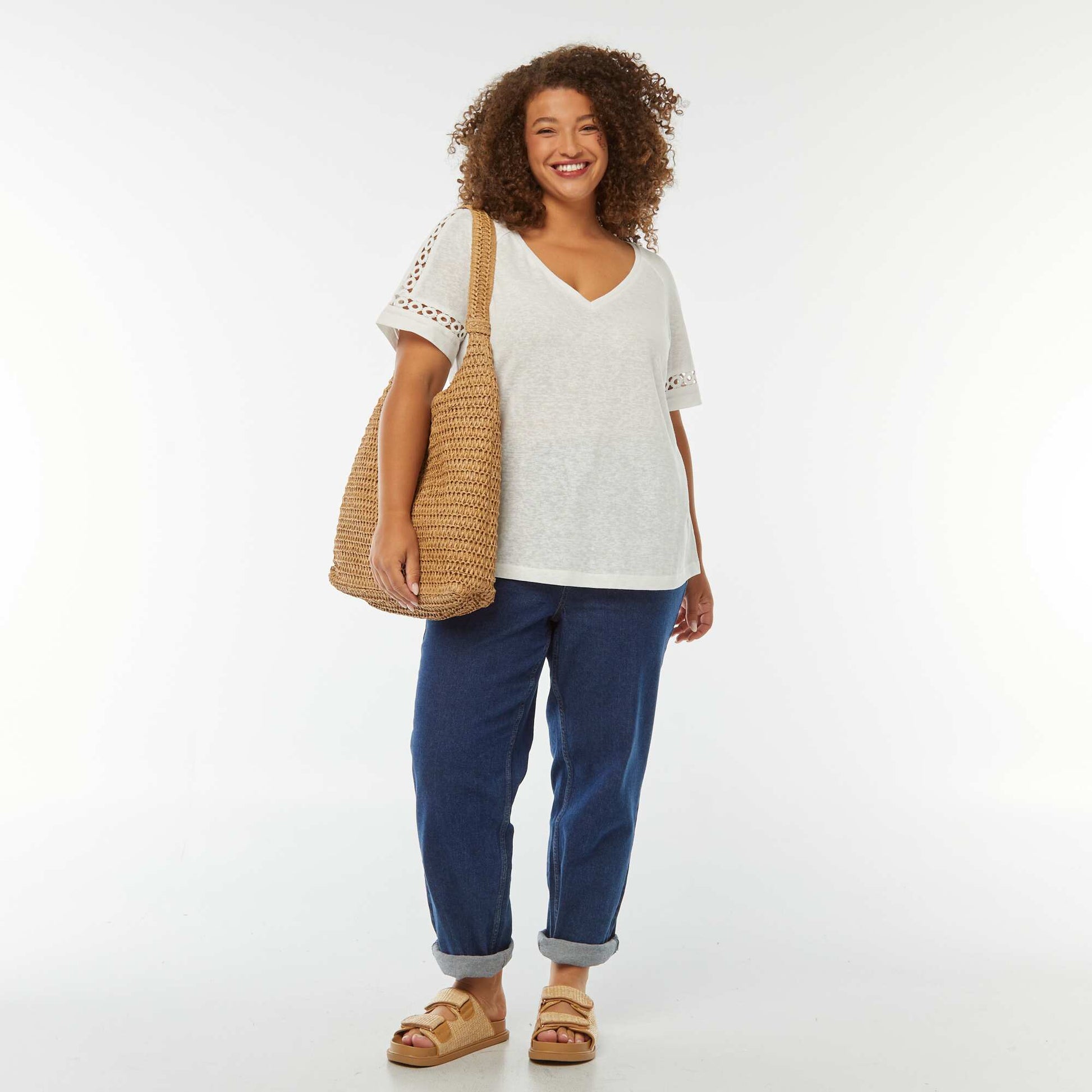 Tee-shirt maille moulinée avec détails macramé BLANC