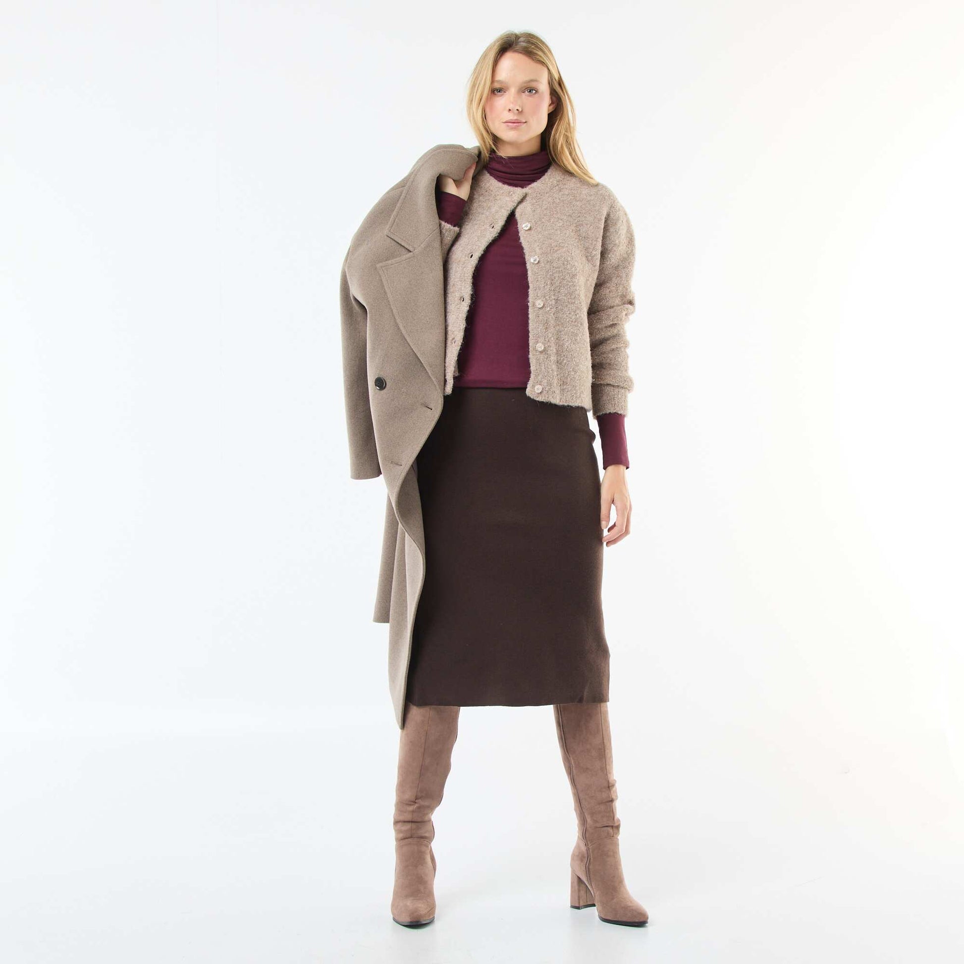 Jupe midi en tricot ottoman MARRON