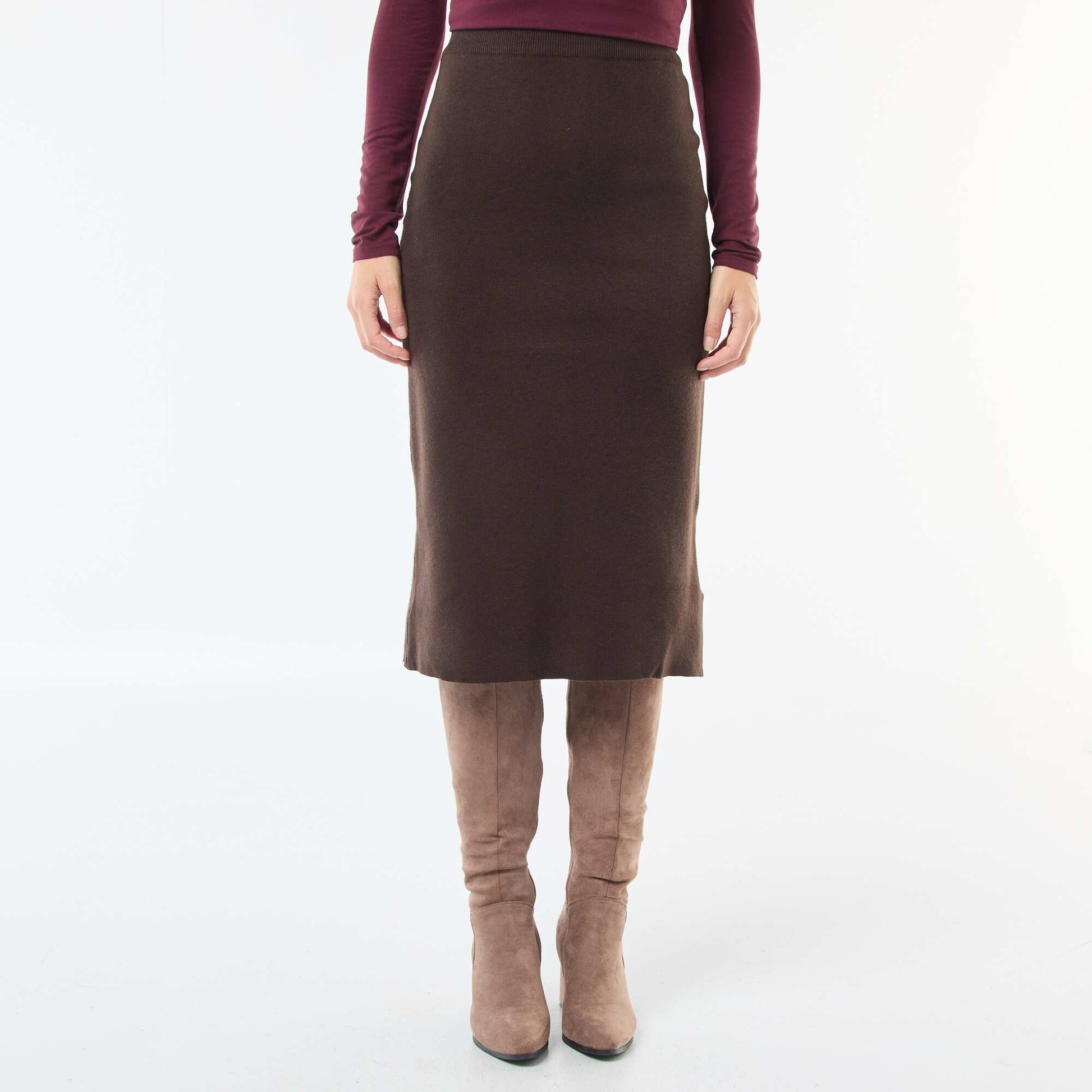 Jupe midi en tricot ottoman MARRON