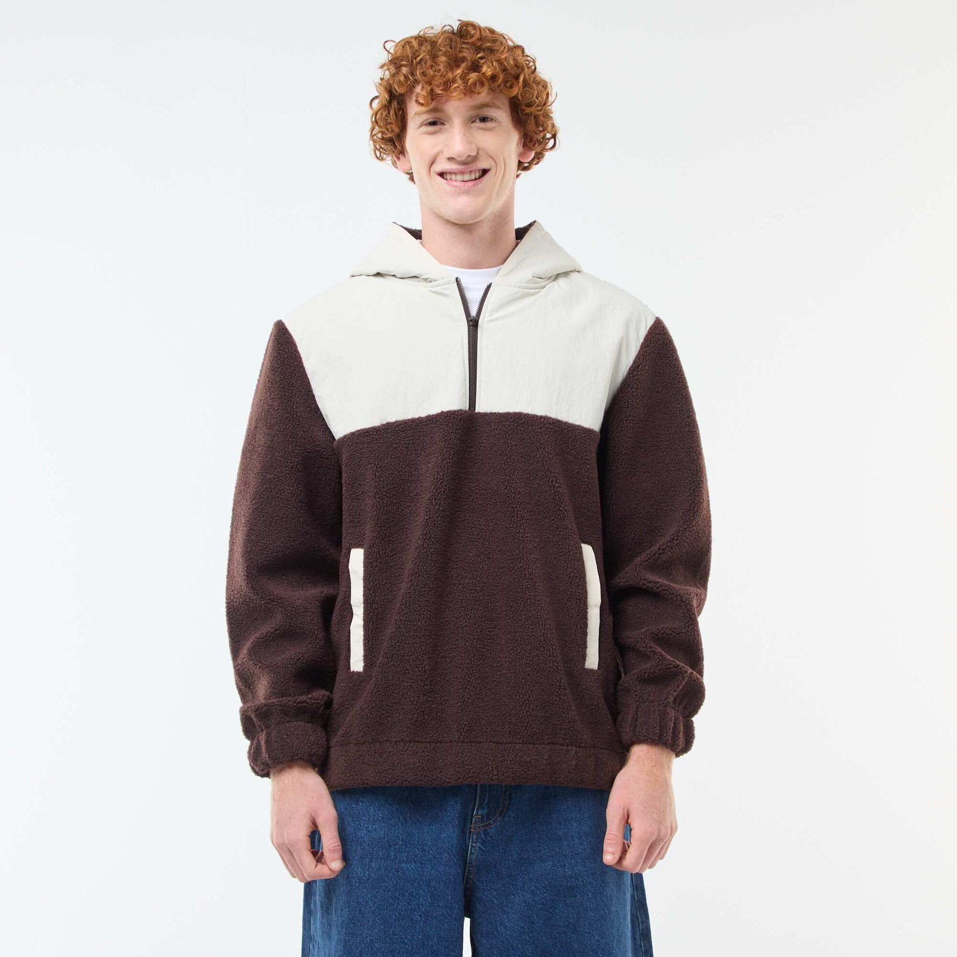Sweat à capuche zippé bicolore BEIGE