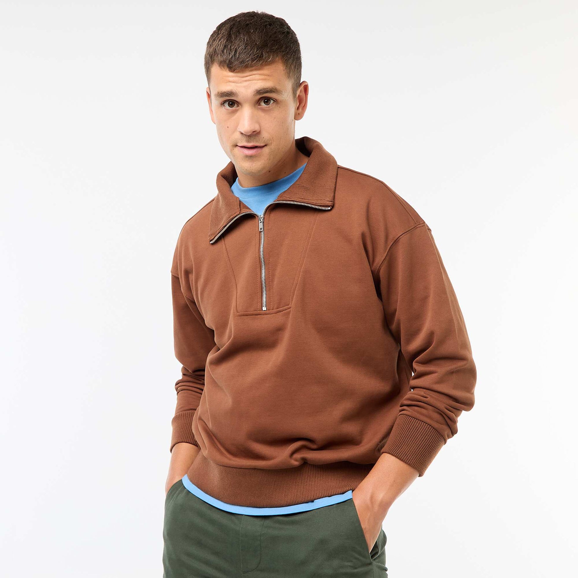 Sweat col camionneur zippé en coton MARRON