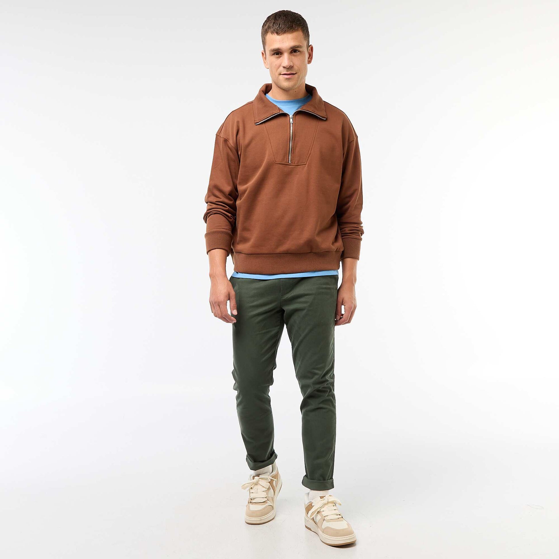 Sweat col camionneur zippé en coton MARRON