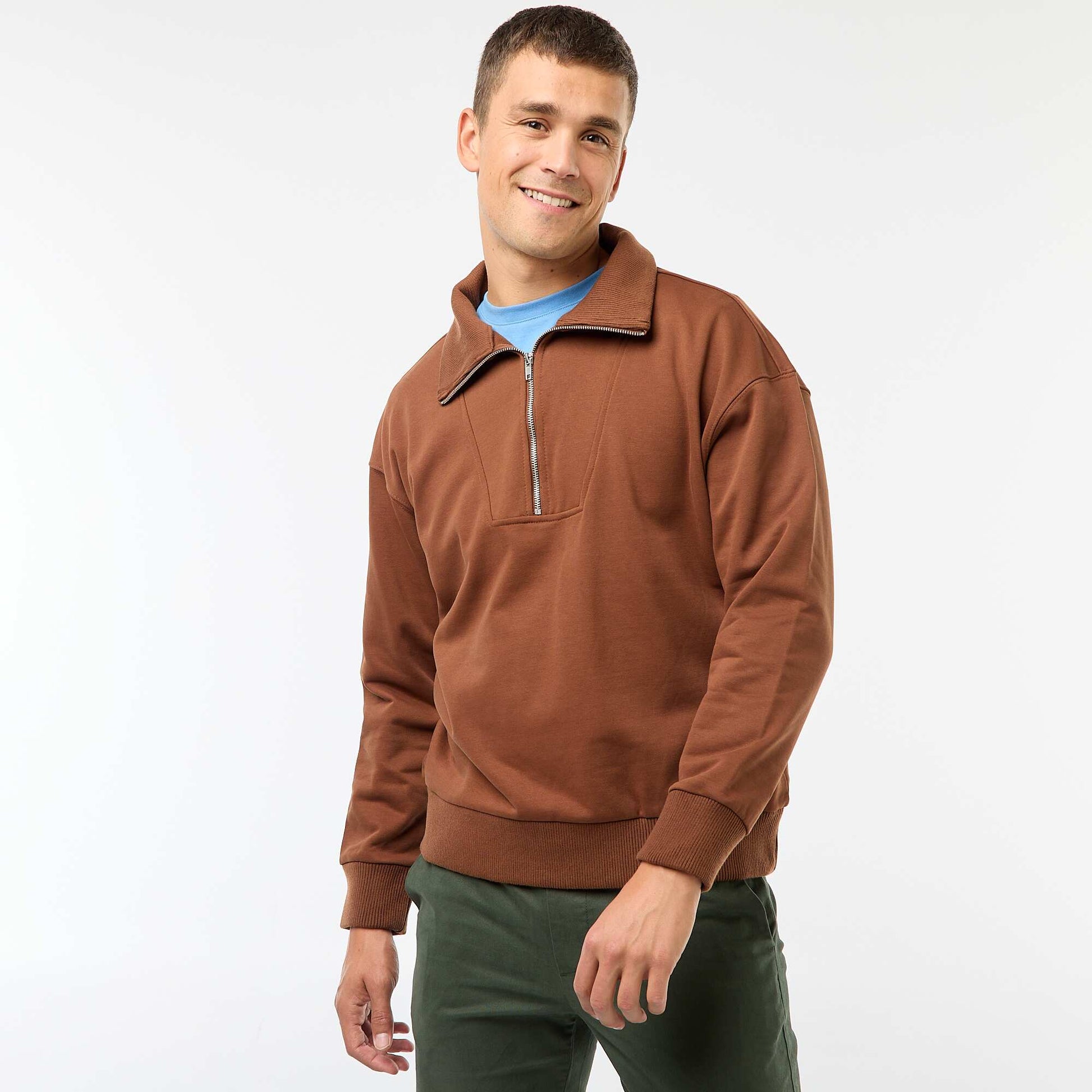 Sweat col camionneur zippé en coton MARRON