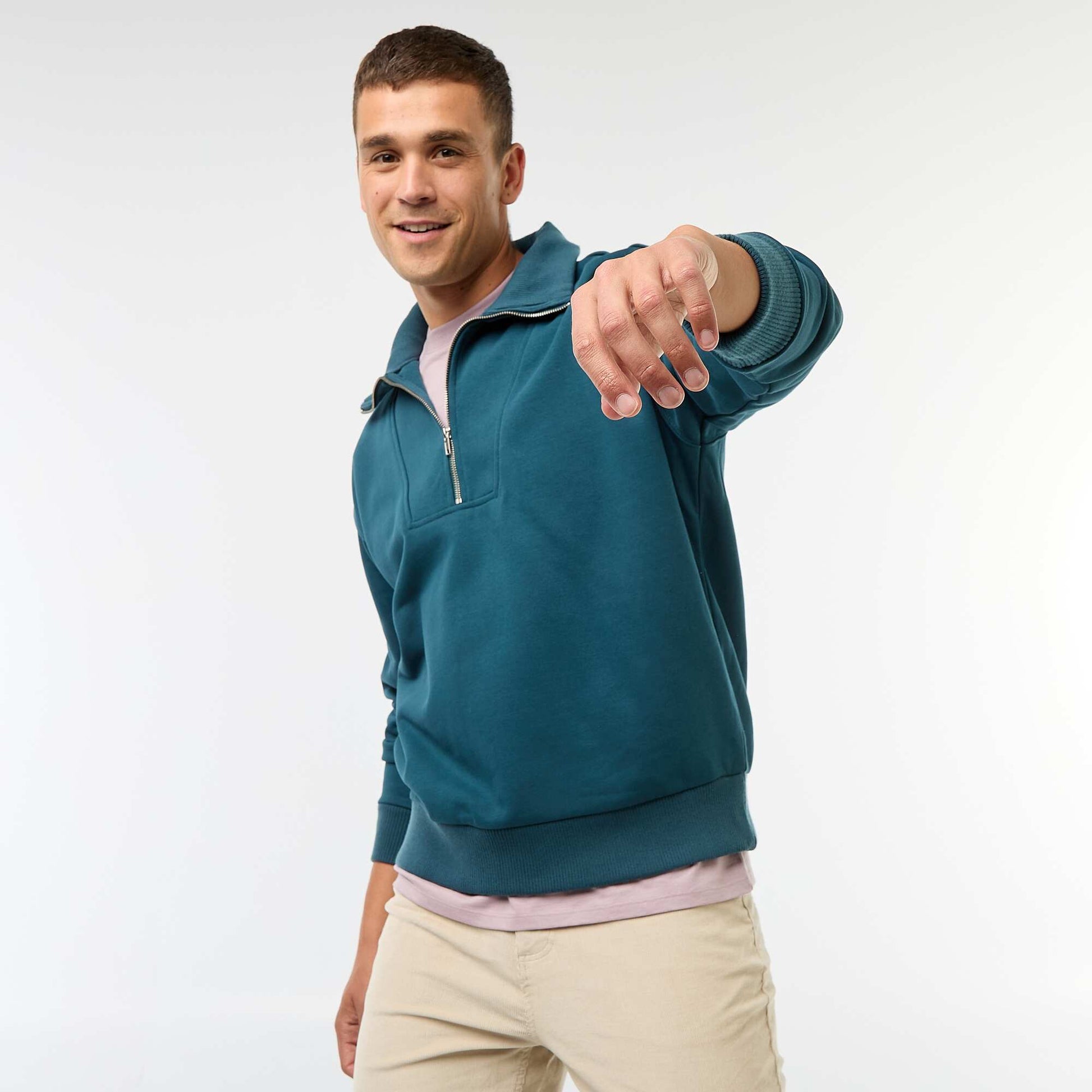 Sweat col camionneur zippé en coton BLEU