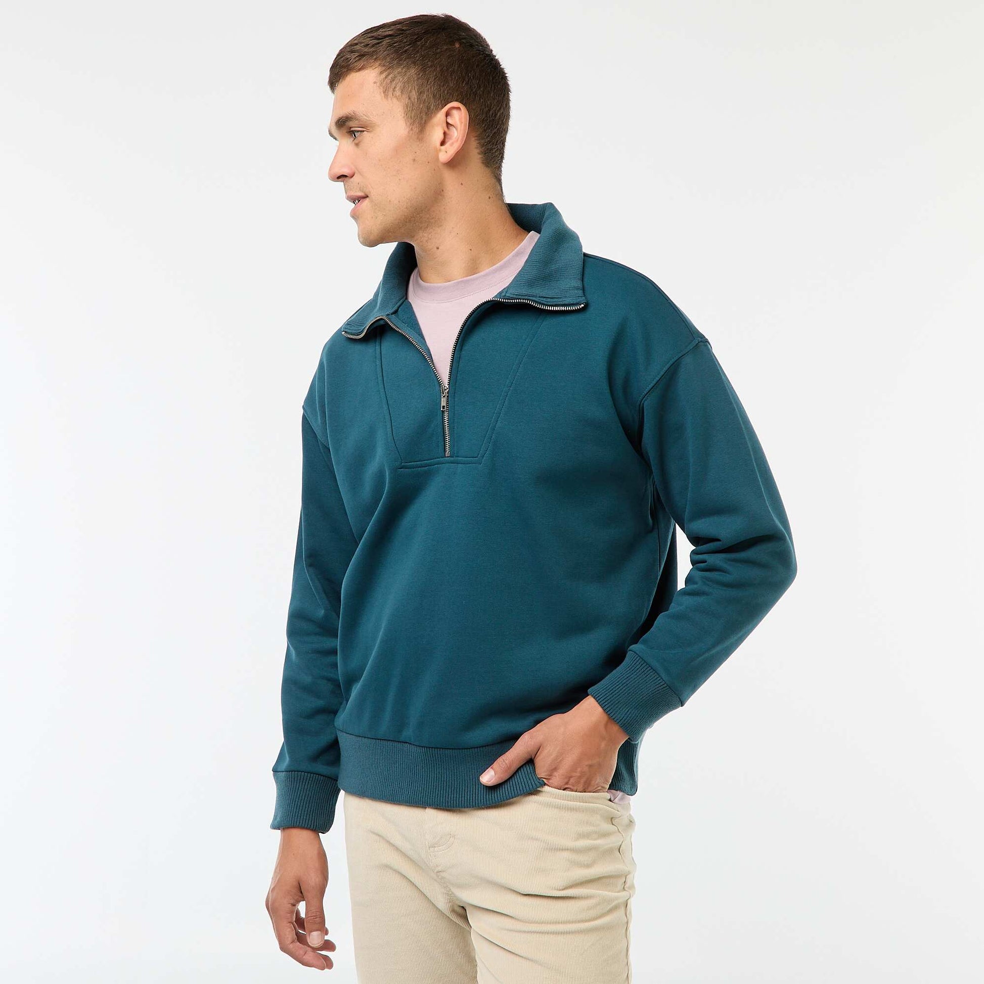 Sweat col camionneur zippé en coton BLEU