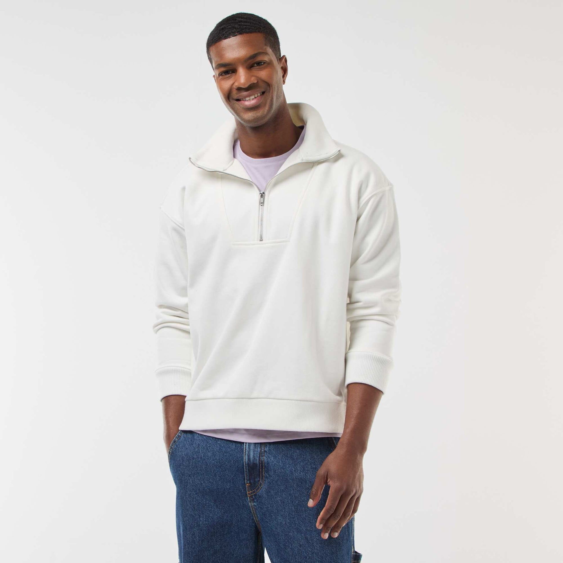 Sweat col camionneur zippé en coton BLANC