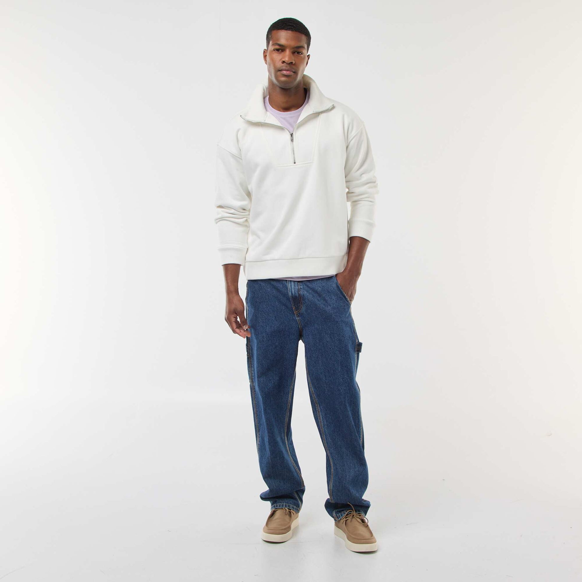 Sweat col camionneur zippé en coton BLANC