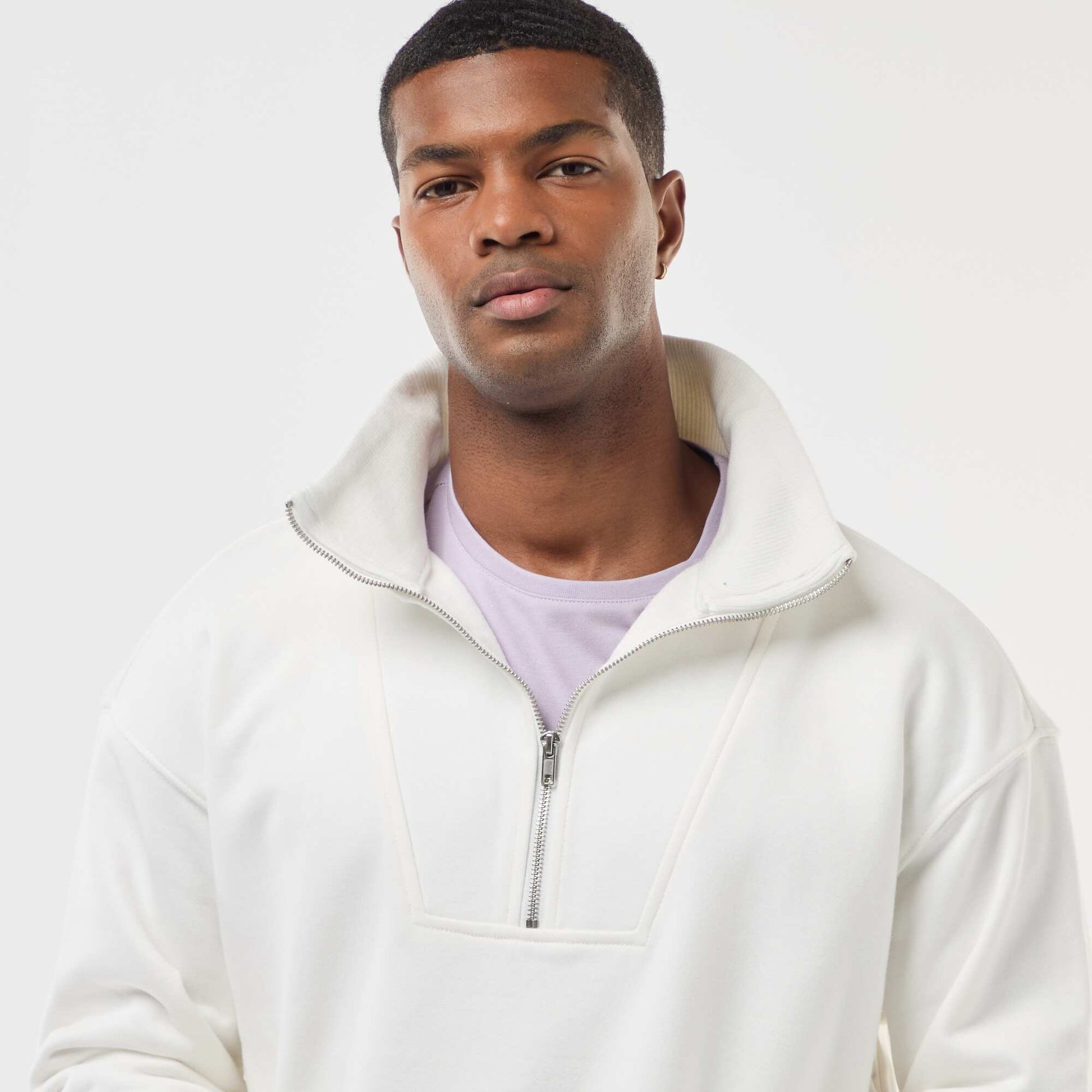 Sweat col camionneur zippé en coton BLANC