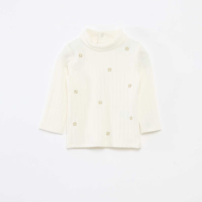 Sous pull en maille côtelée avec fleurs fantaisie en coton BLANC