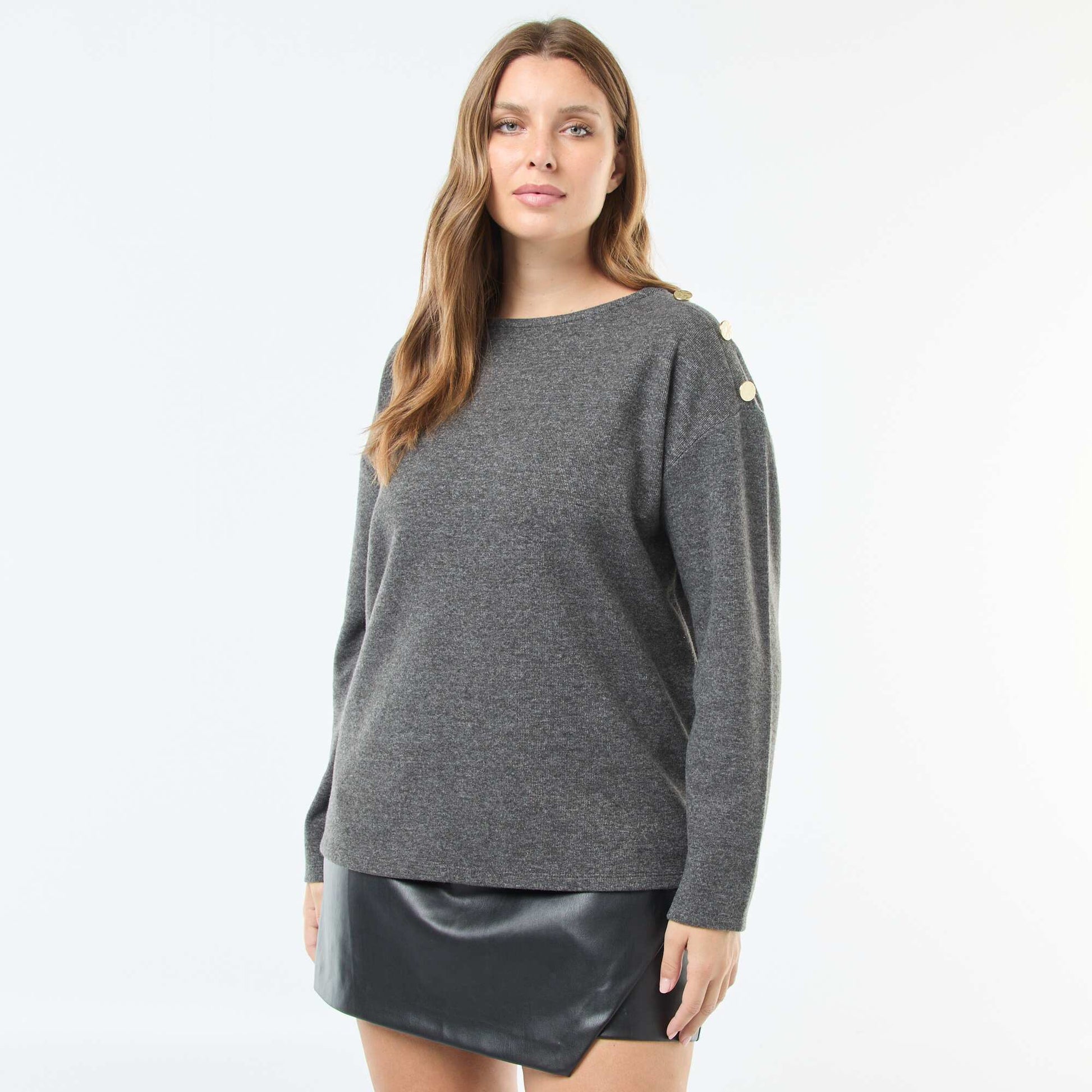Tee-shirt maille doudou avec boutons dorés GRIS