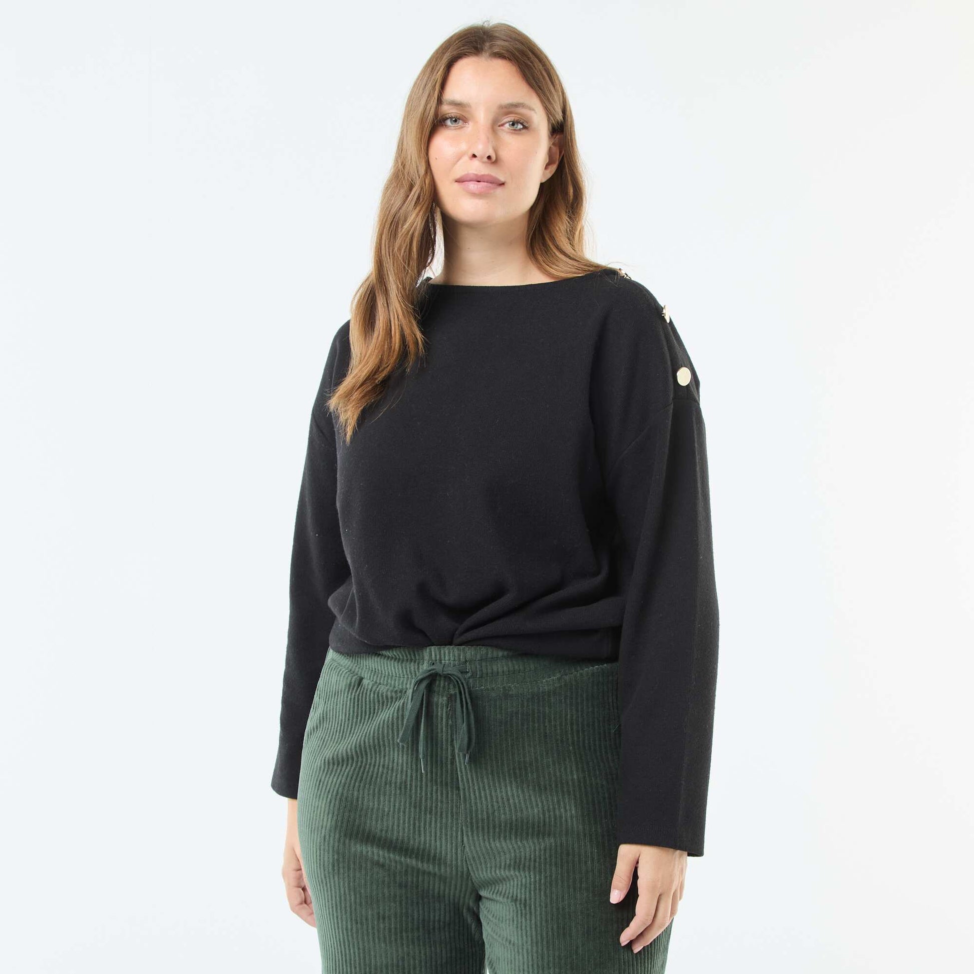 Tee-shirt maille doudou avec boutons dorés NOIR