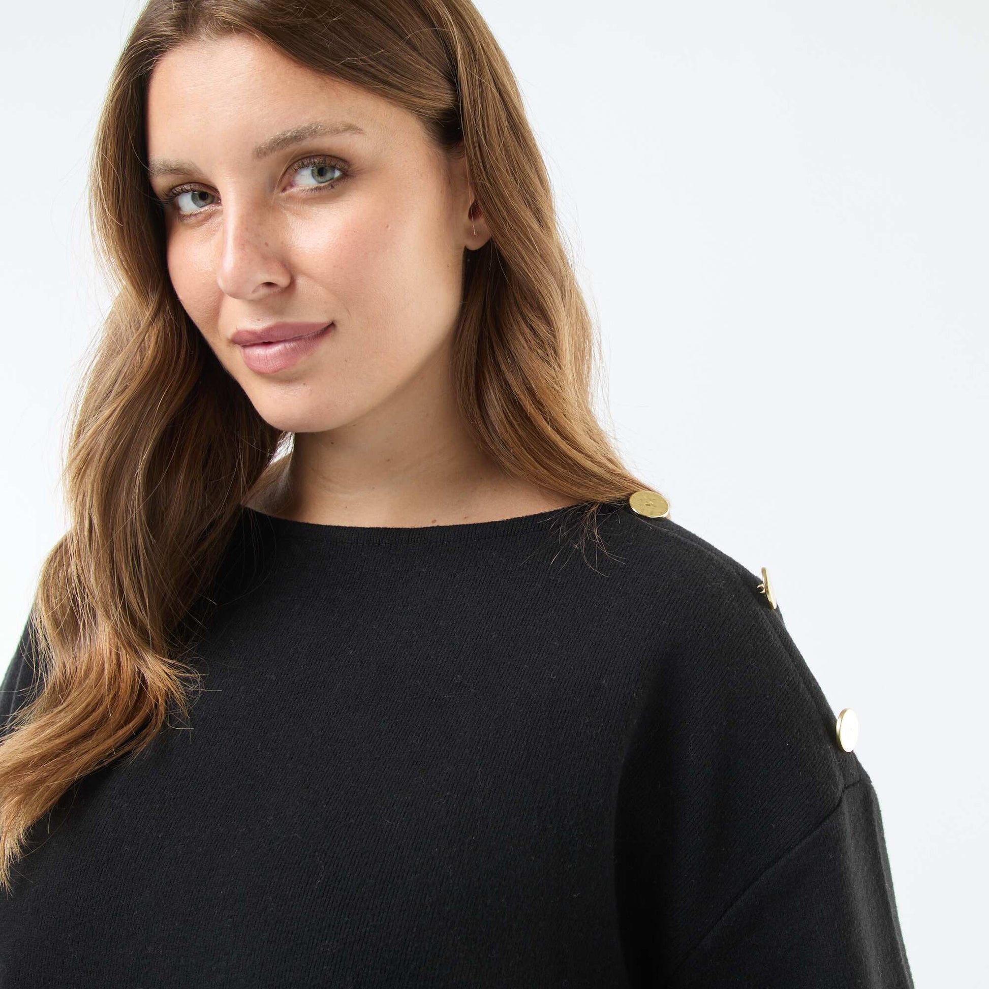 Tee-shirt maille doudou avec boutons dorés NOIR