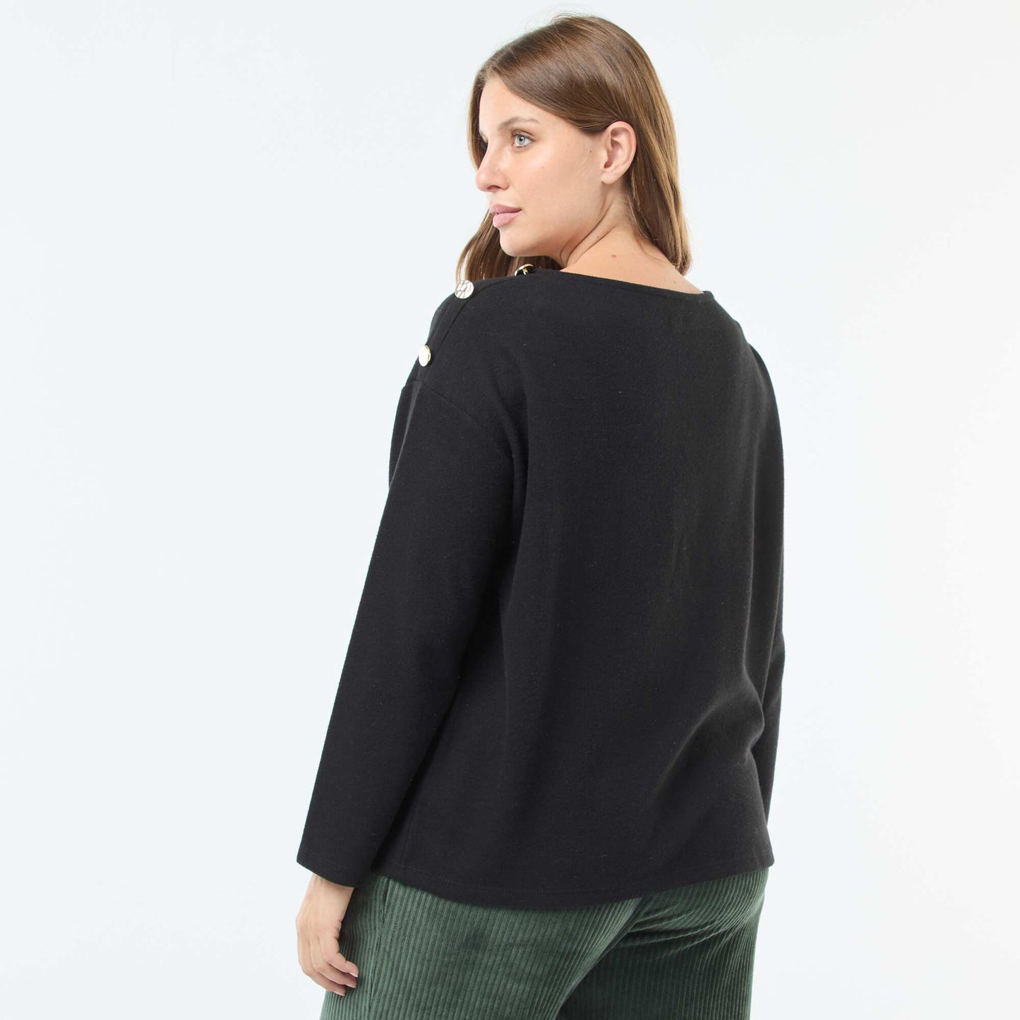 Tee-shirt maille doudou avec boutons dorés NOIR