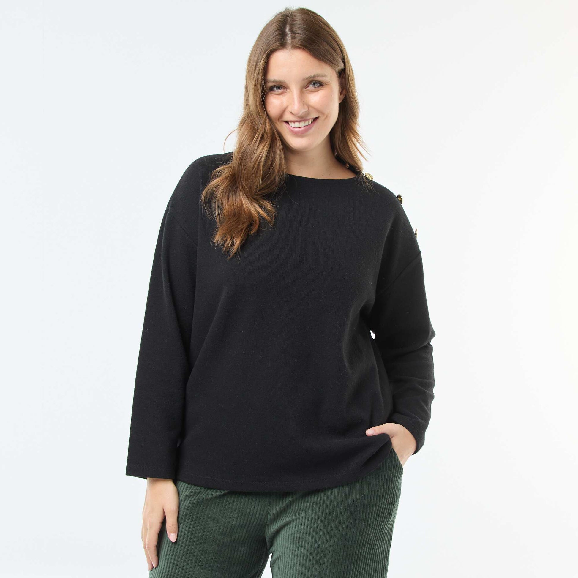 Tee-shirt maille doudou avec boutons dorés NOIR