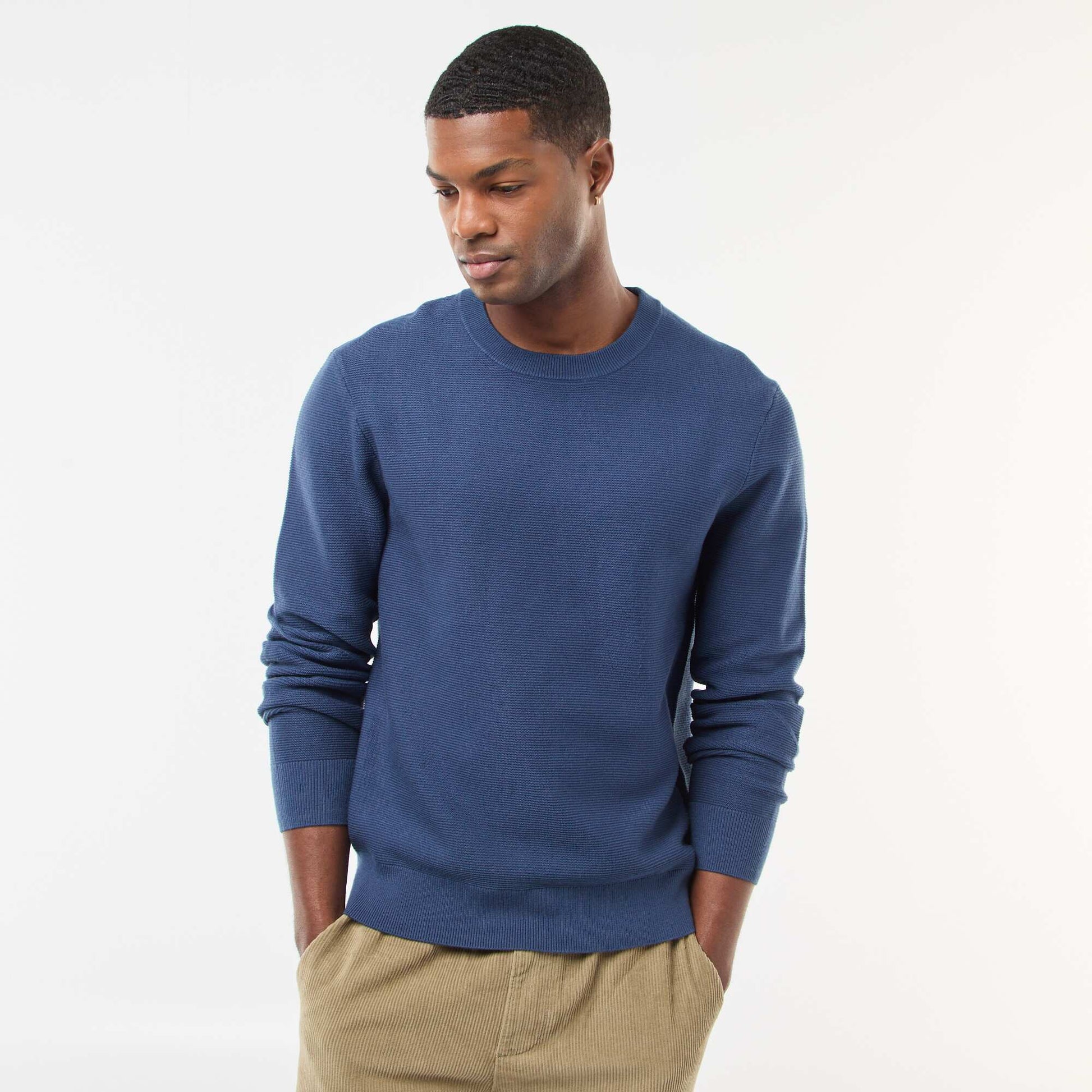 Pull en maille fine jauge uni à col rond BLEU