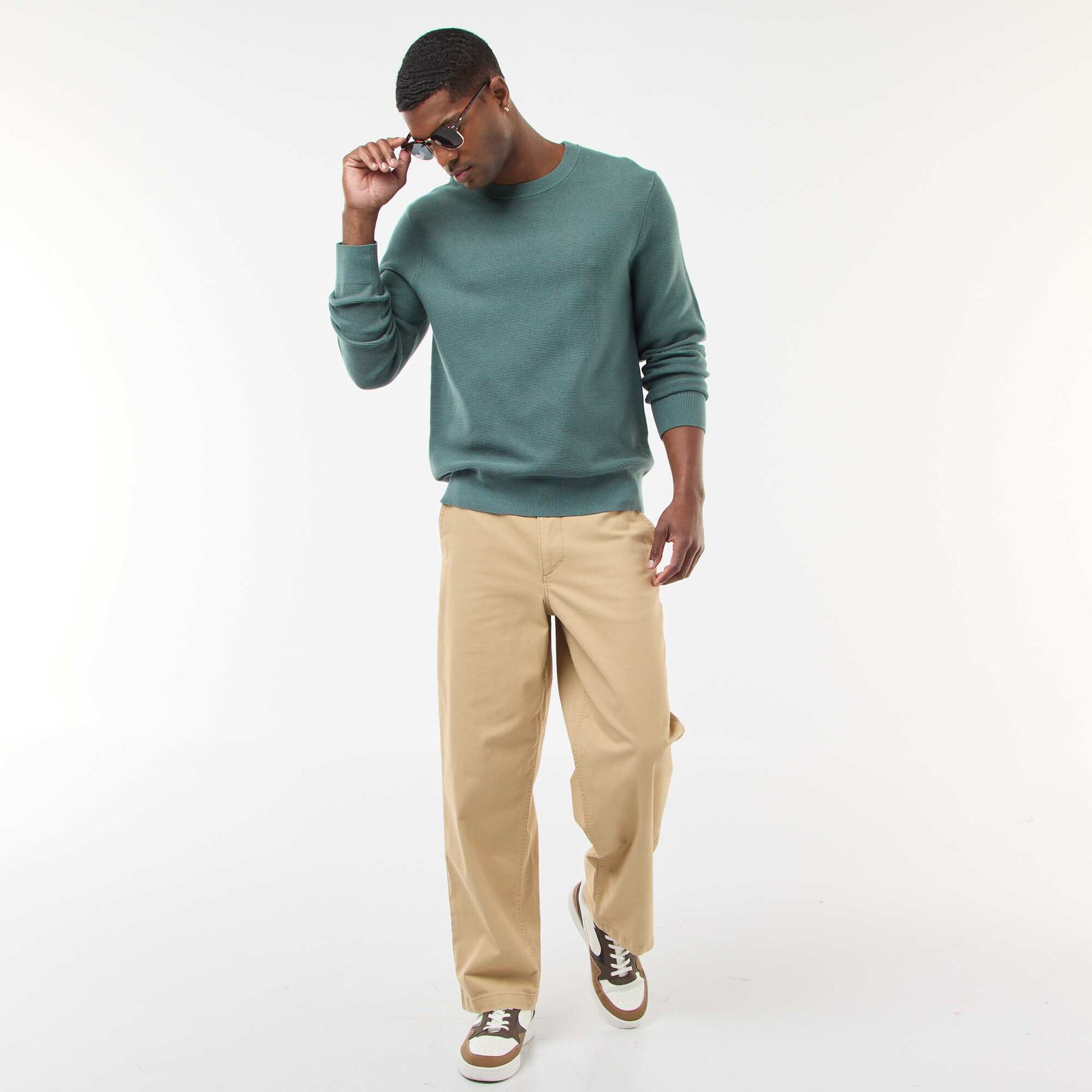 Pull en maille fine jauge uni à col rond VERT