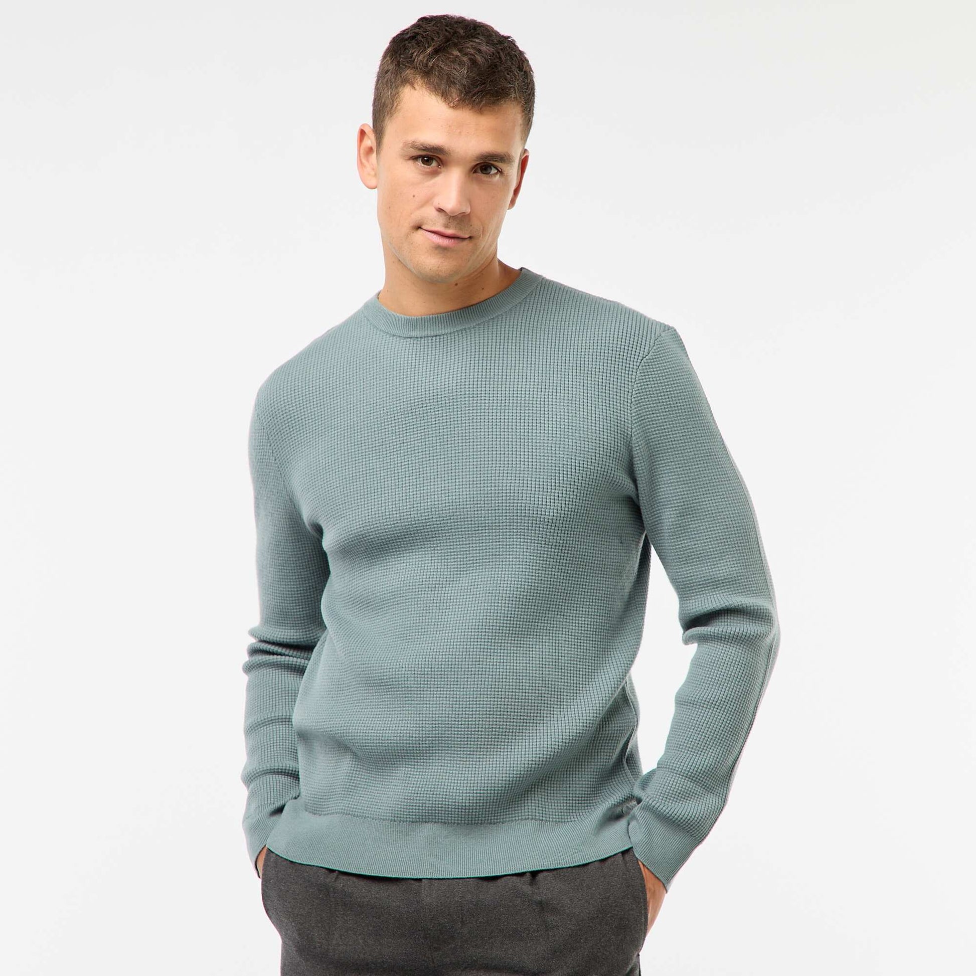 Pull col rond gaufré uni BLEU