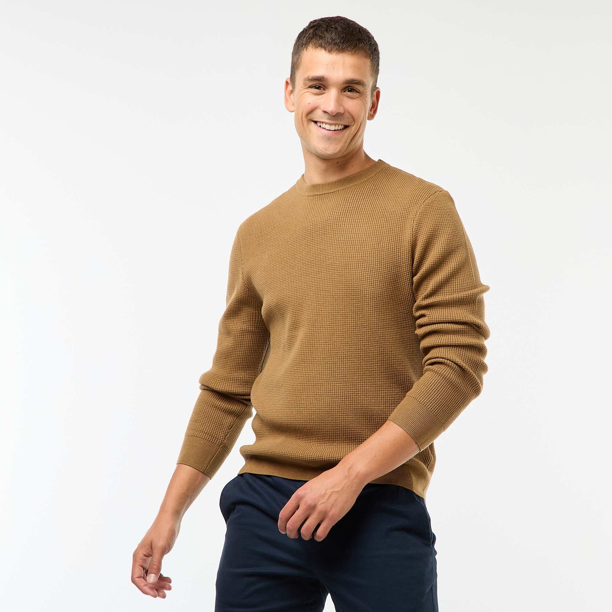 Pull col rond gaufré uni MARRON