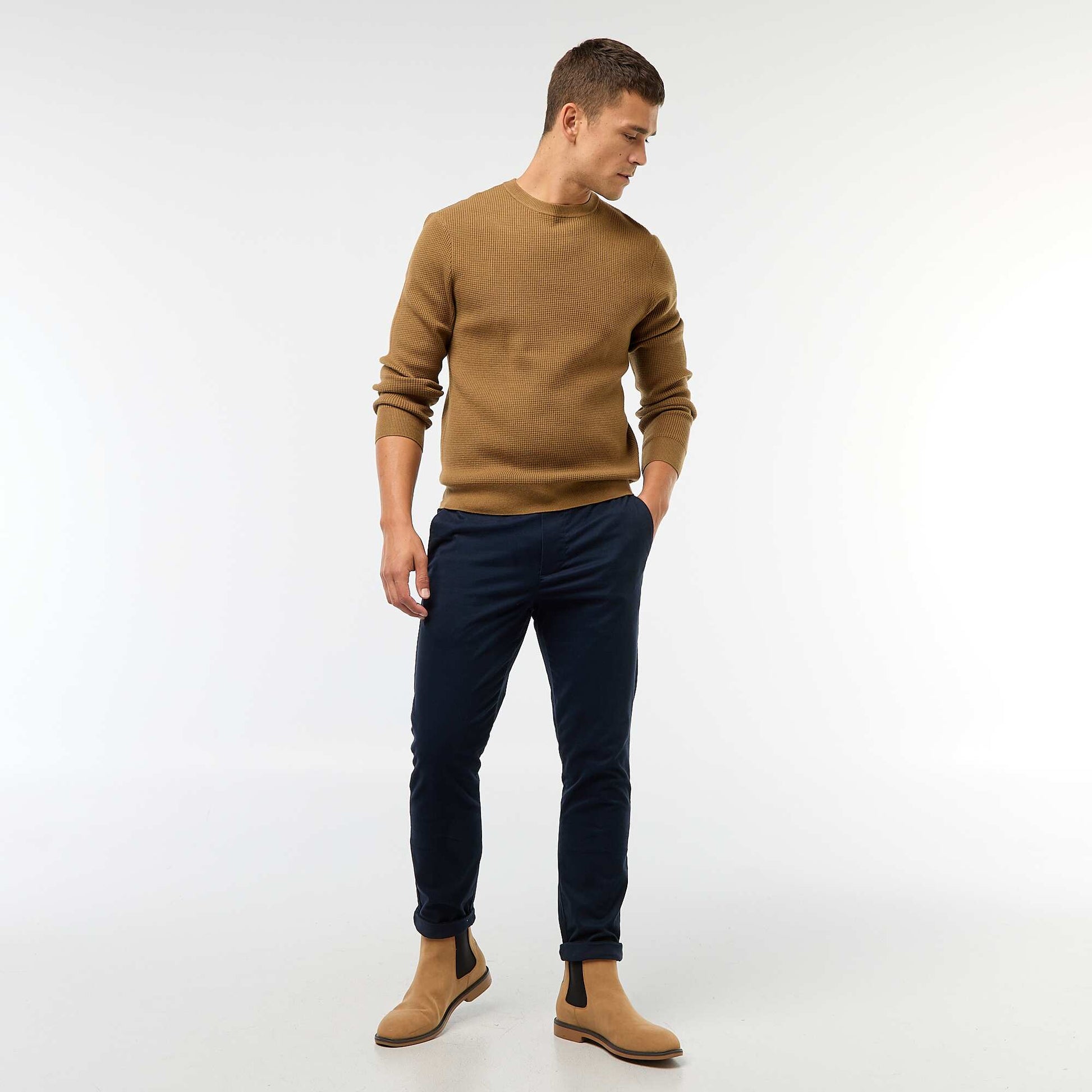 Pull col rond gaufré uni MARRON