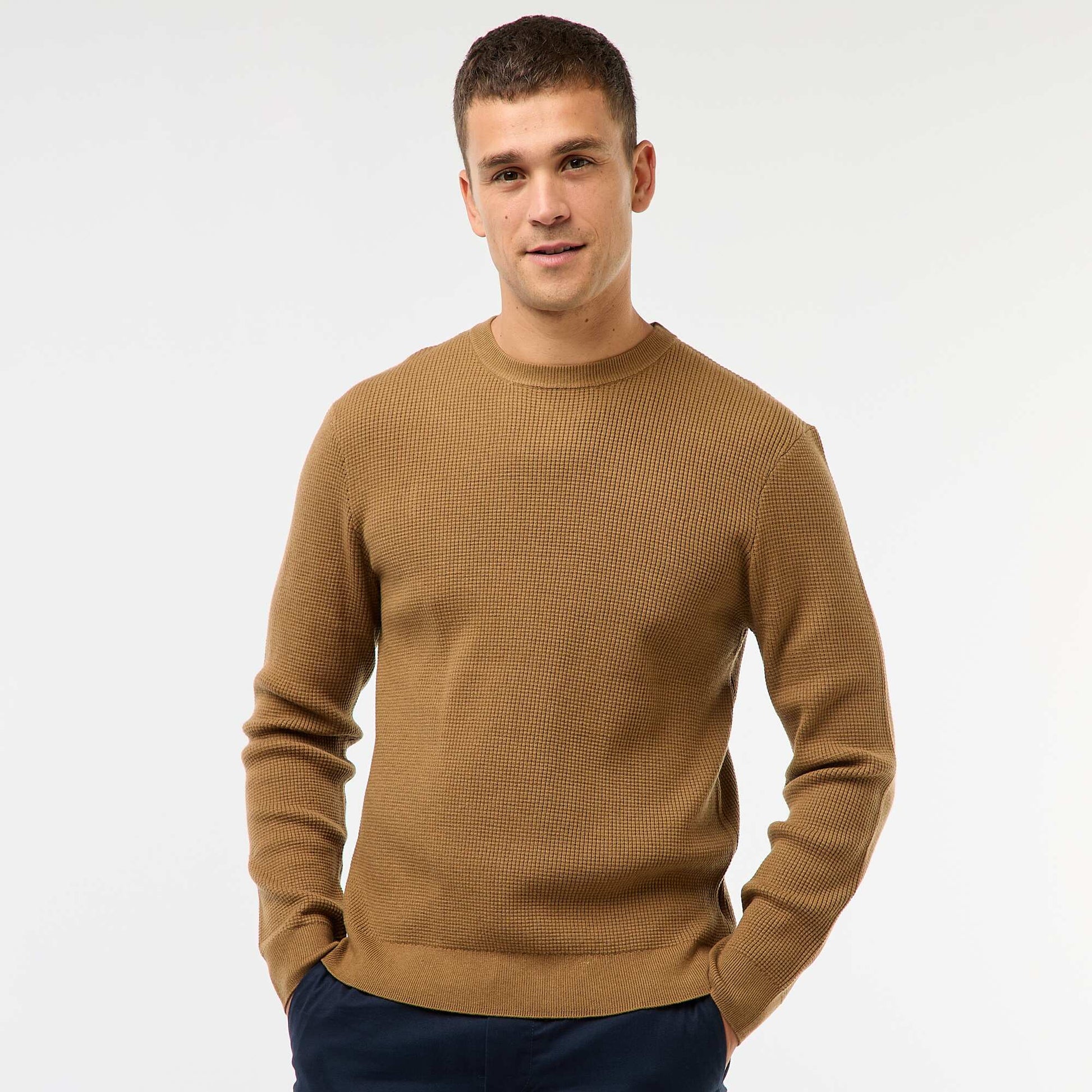Pull col rond gaufré uni MARRON