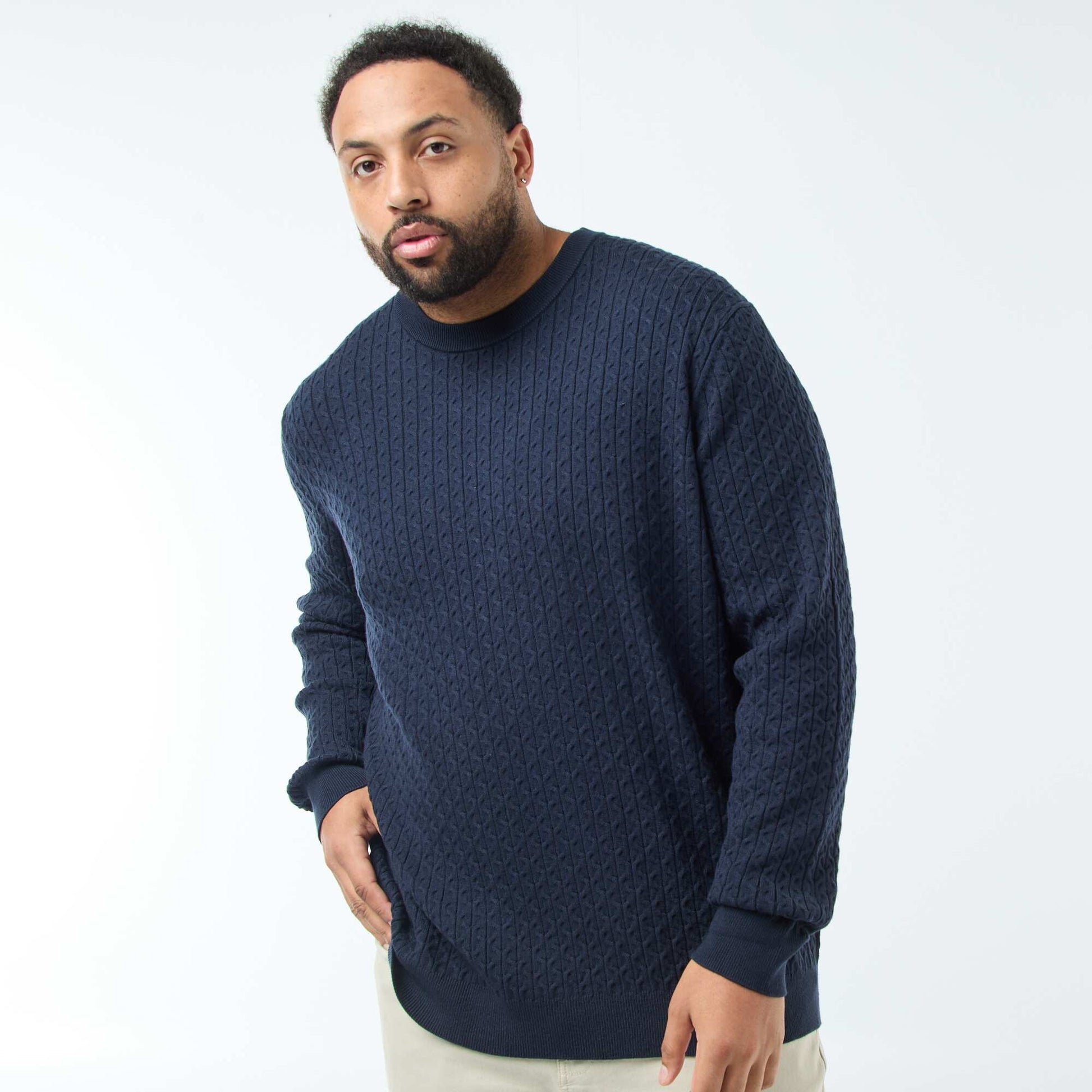 Pull col rond en maille torsadée BLEU MARINE