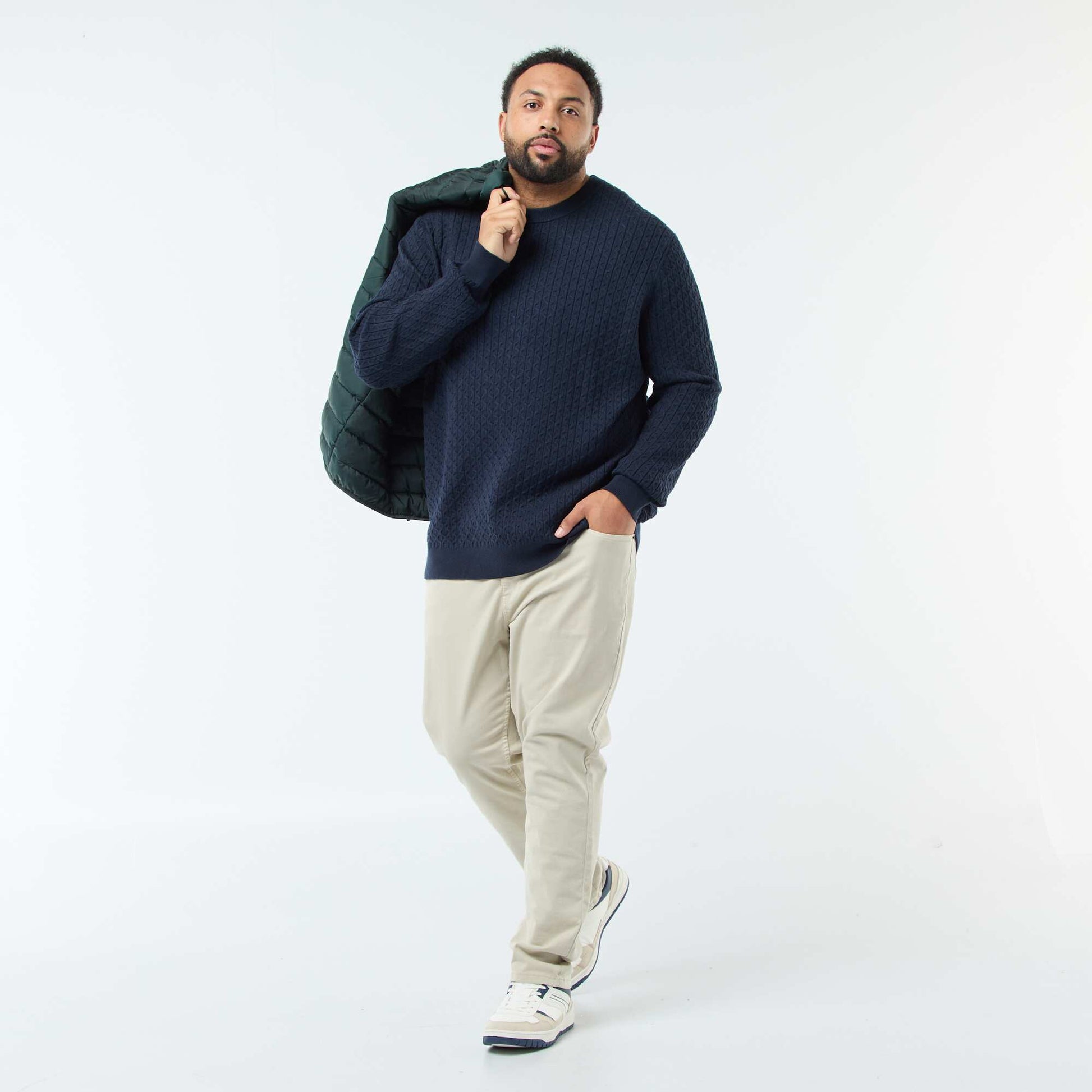 Pull col rond en maille torsadée BLEU MARINE