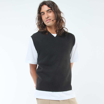 Pull sans manches en maille tricot à col V NOIR