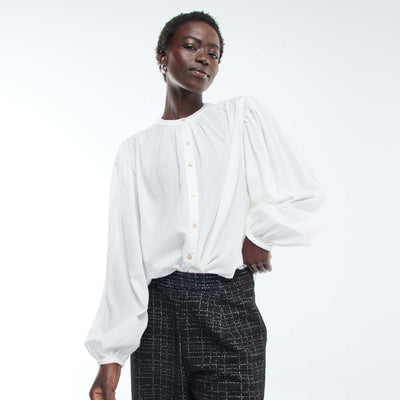 chemisier uni avec manches longues bouffantes BLANC