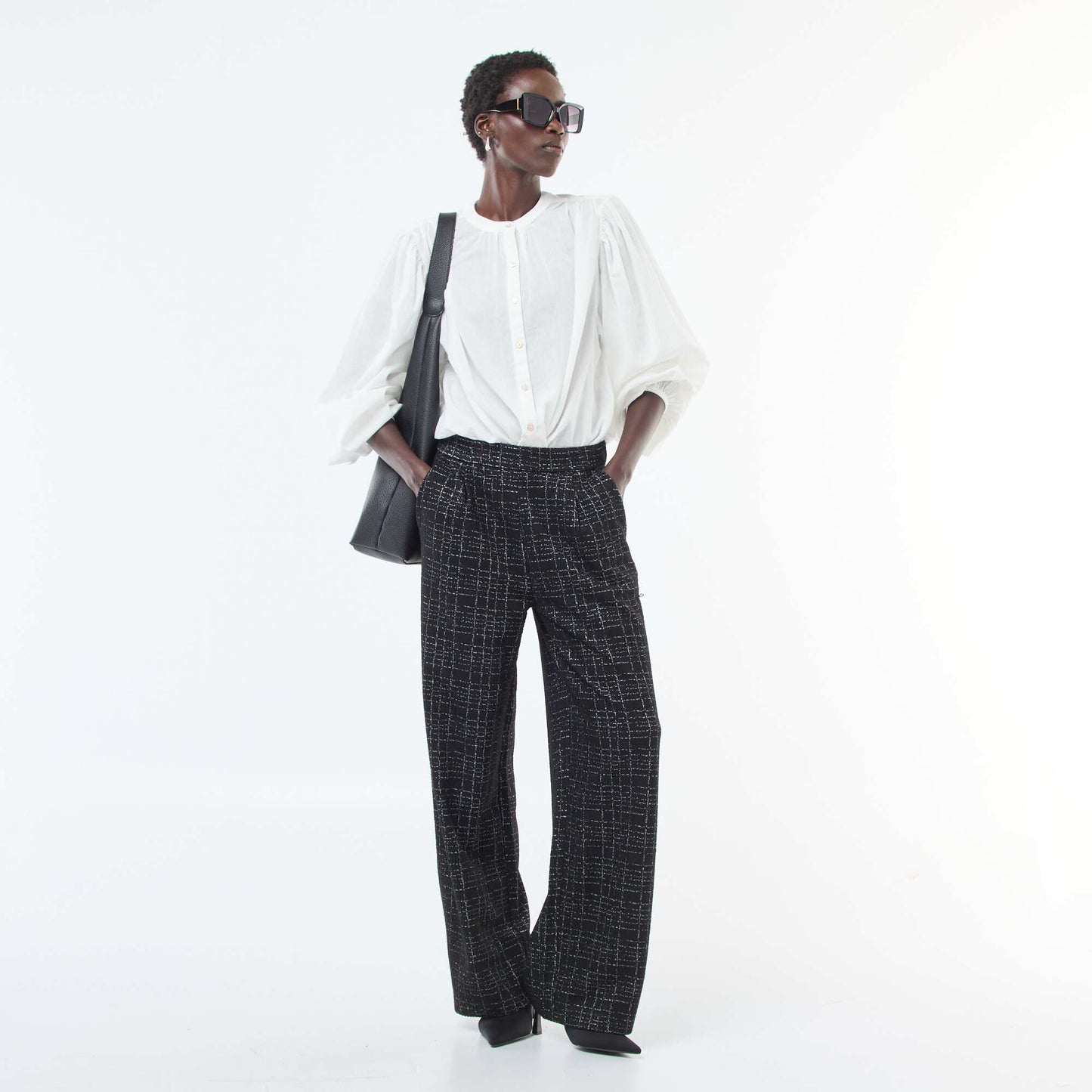 chemisier uni avec manches longues bouffantes BLANC