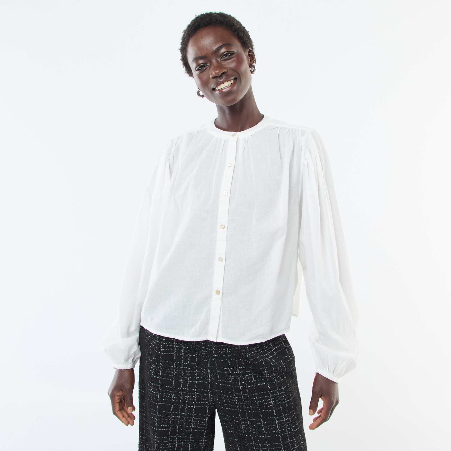 chemisier uni avec manches longues bouffantes BLANC