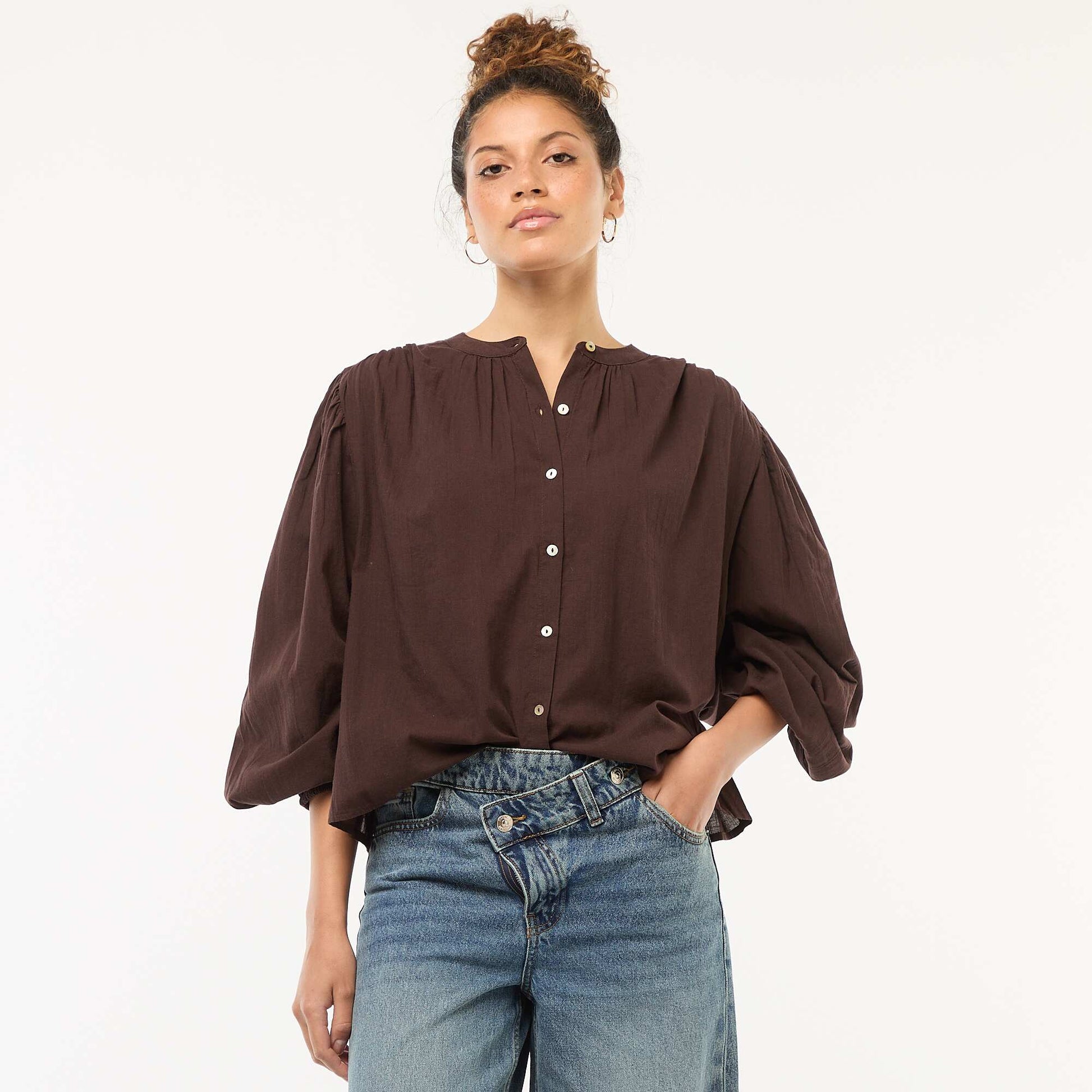 chemisier uni avec manches longues bouffantes MARRON