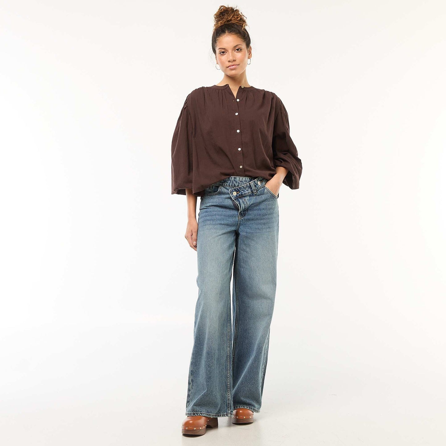 chemisier uni avec manches longues bouffantes MARRON