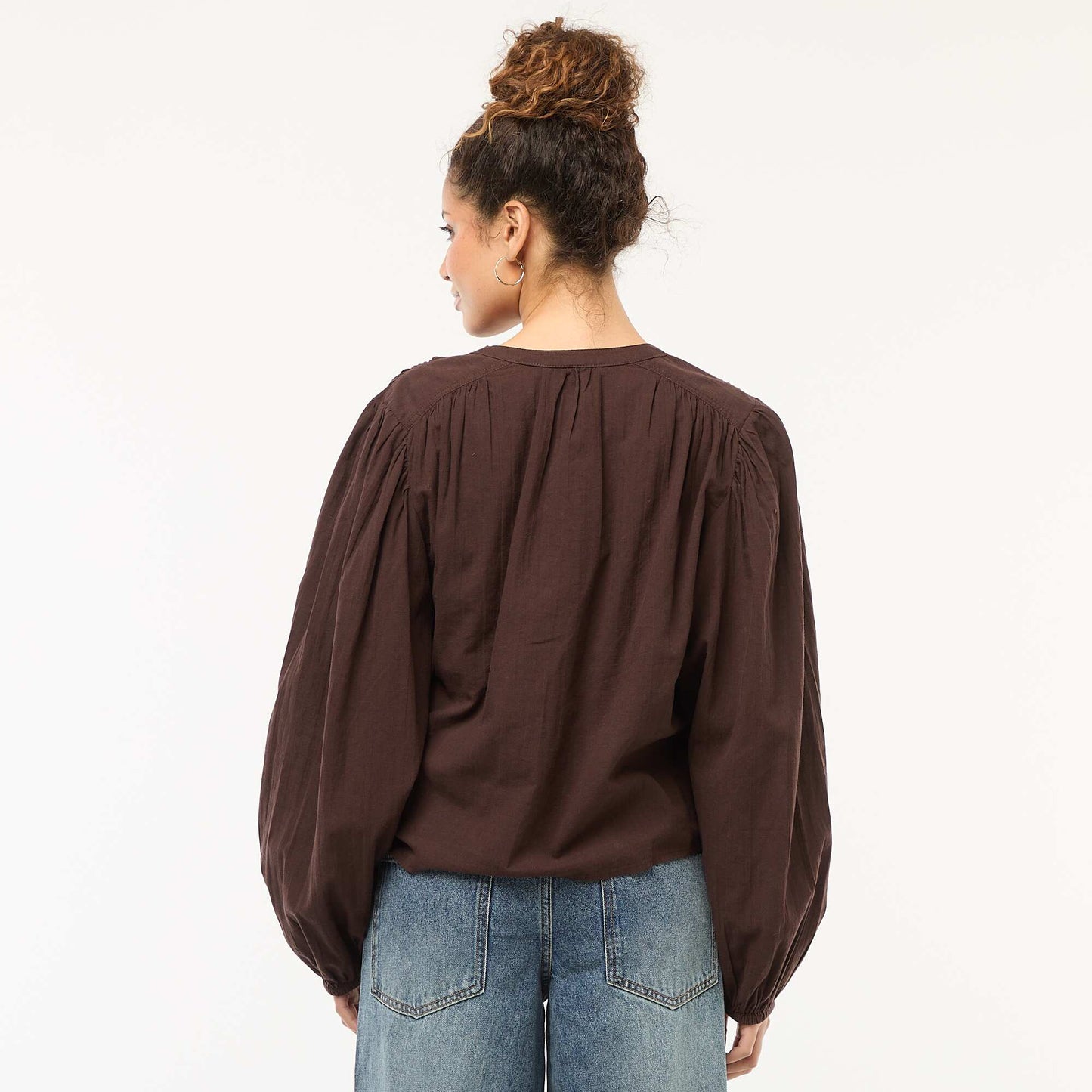 chemisier uni avec manches longues bouffantes MARRON
