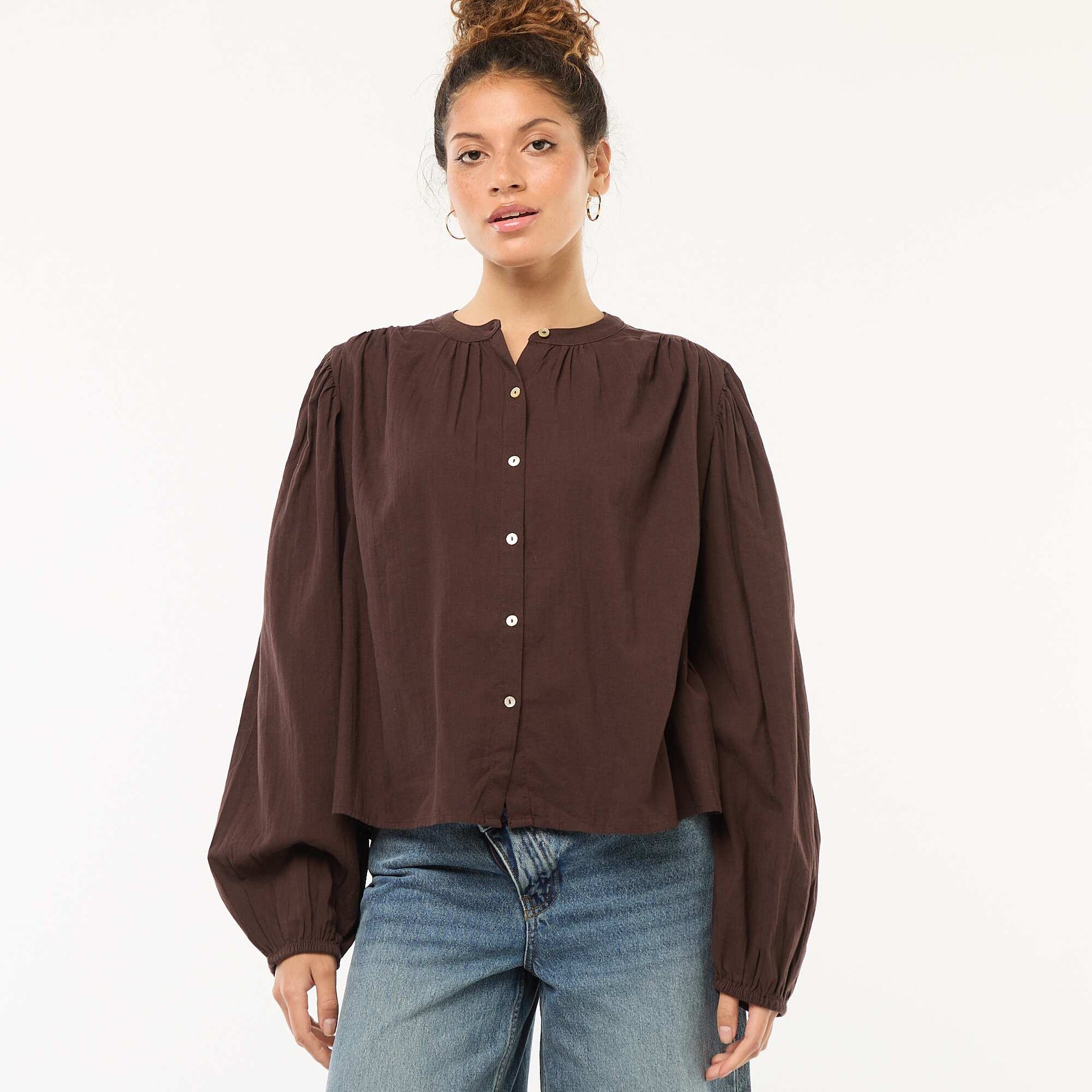 chemisier uni avec manches longues bouffantes MARRON