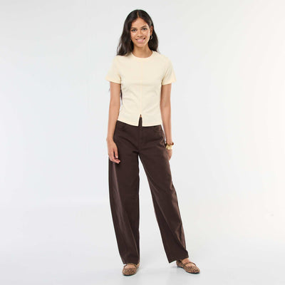 Pantalon uni en twill à taille haute MARRON