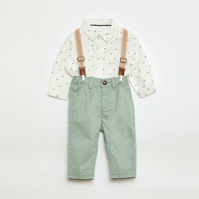 Ensemble chemise + pantalon à bretelles - 2 pièces BLANC/VERT