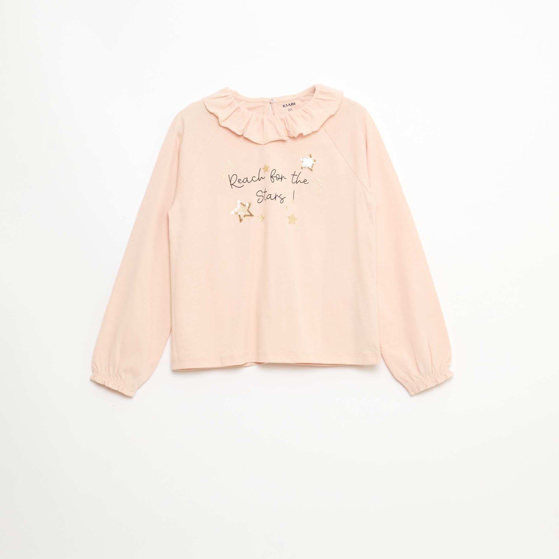 T-shirt col volanté animé en coton BEIGE
