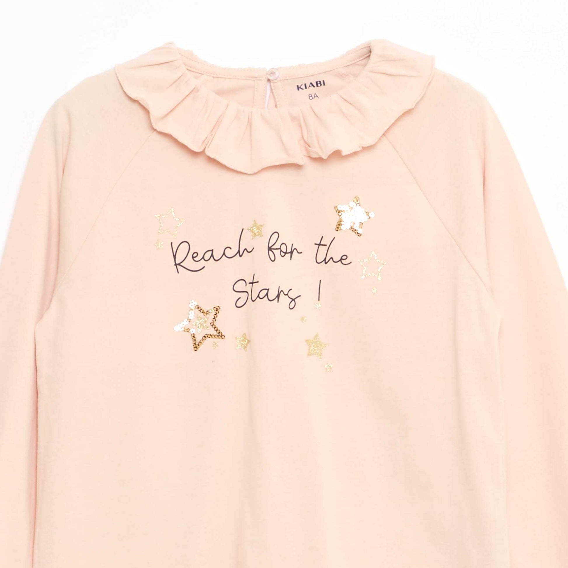 T-shirt col volanté animé en coton BEIGE