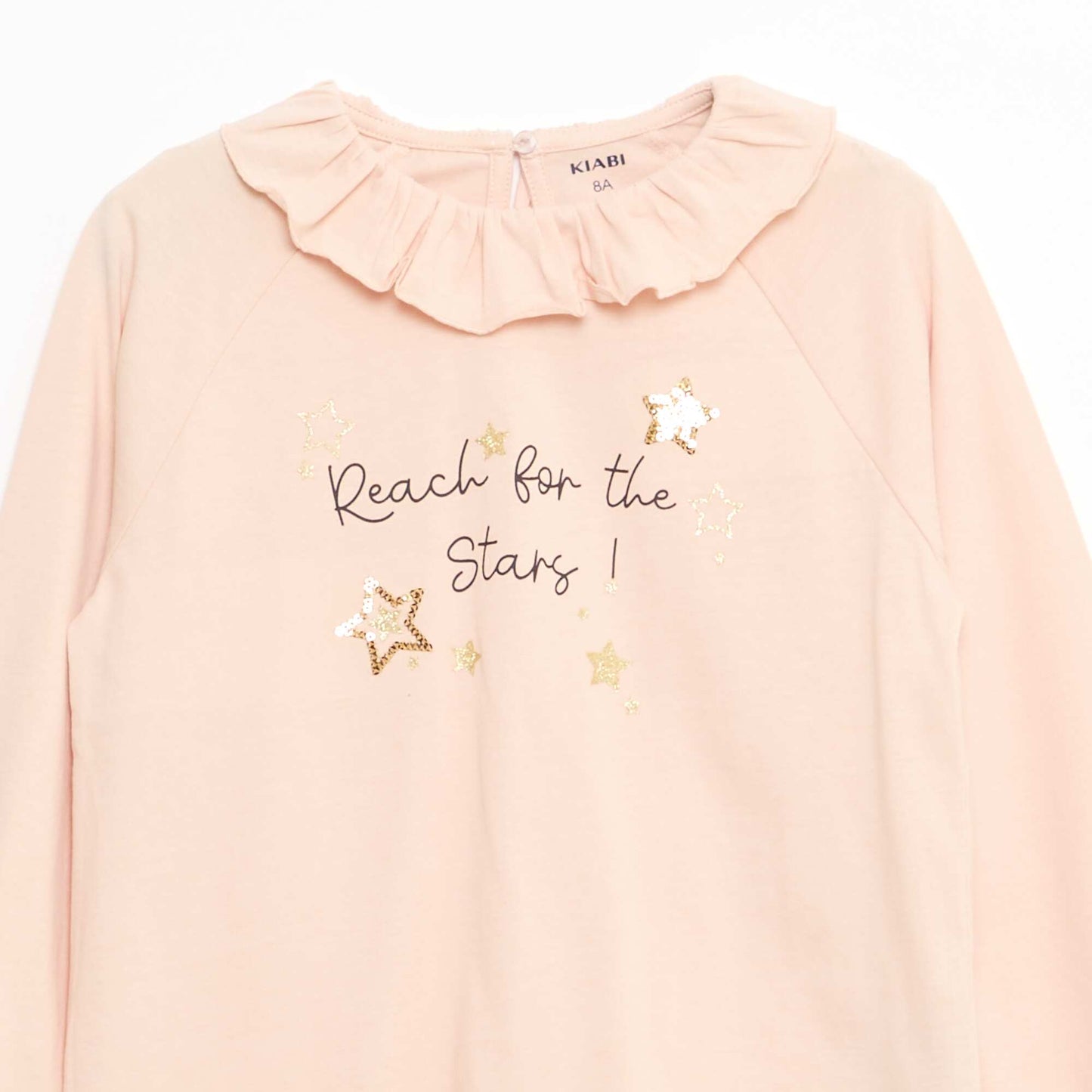 T-shirt col volanté animé en coton BEIGE