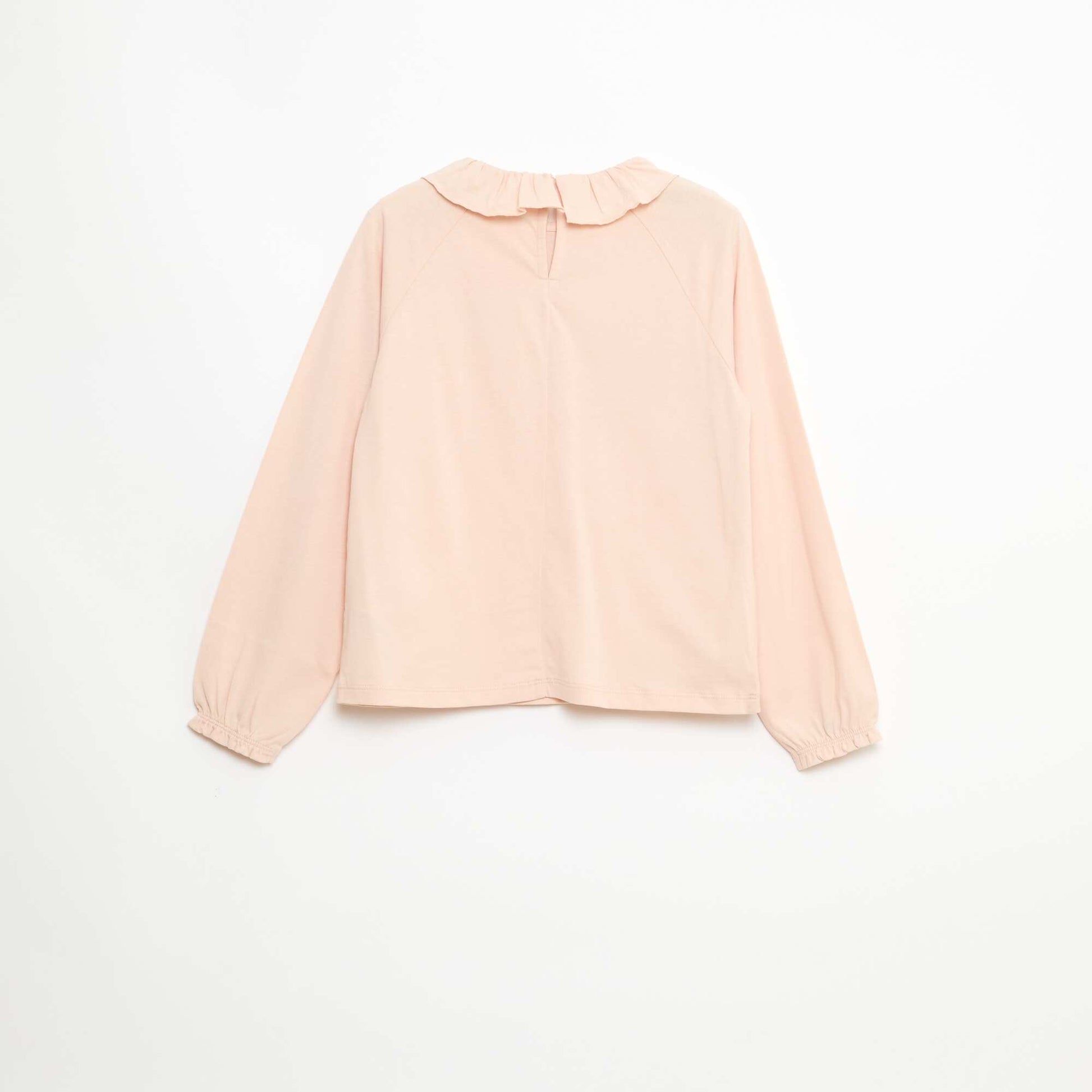 T-shirt col volanté animé en coton BEIGE