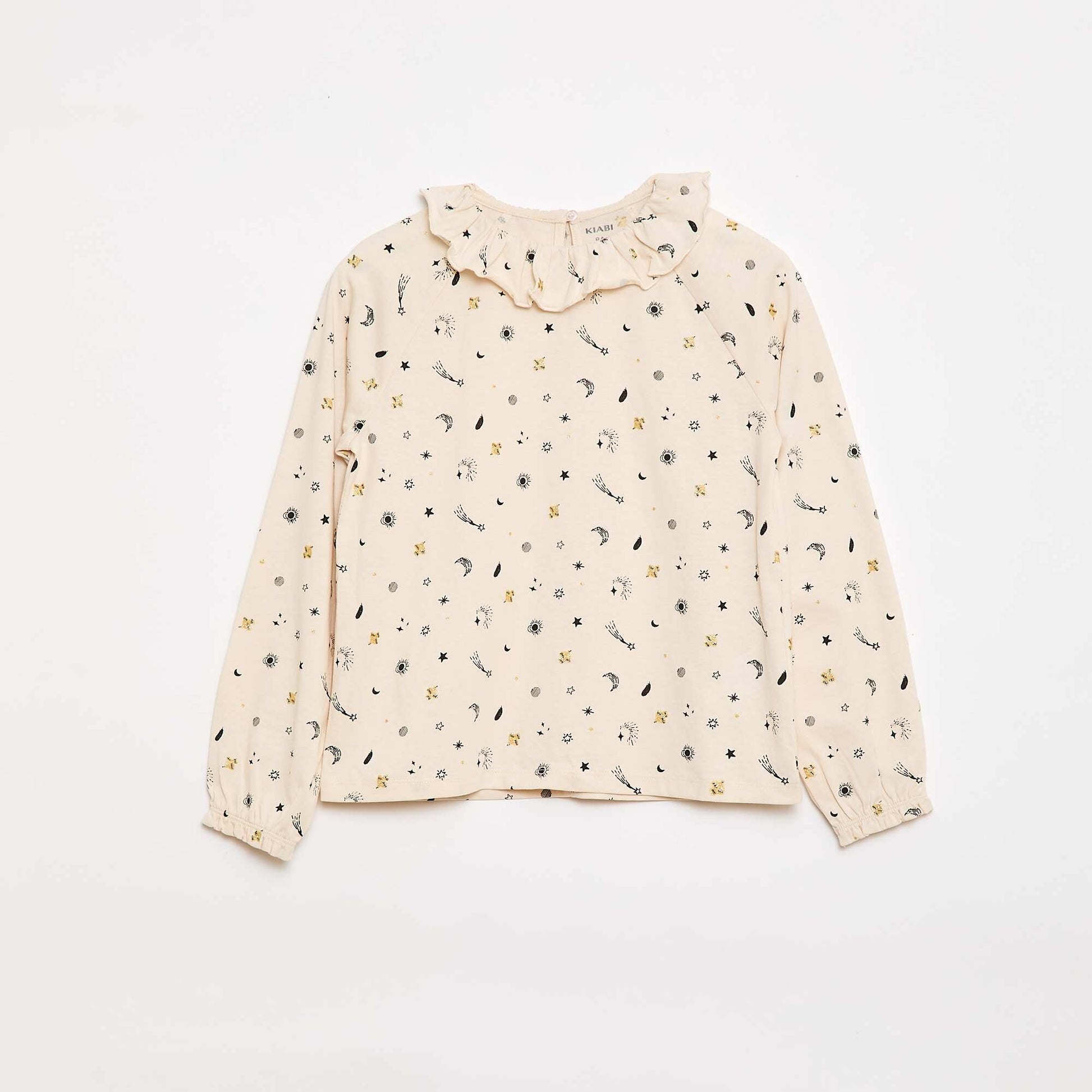 T-shirt col volanté animé en coton BEIGE