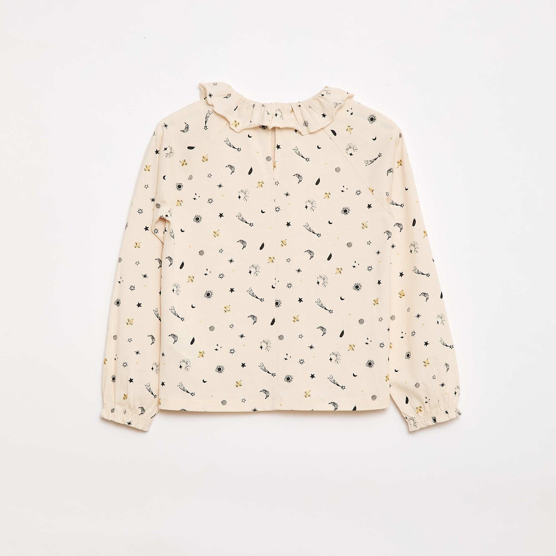 T-shirt col volanté animé en coton BEIGE