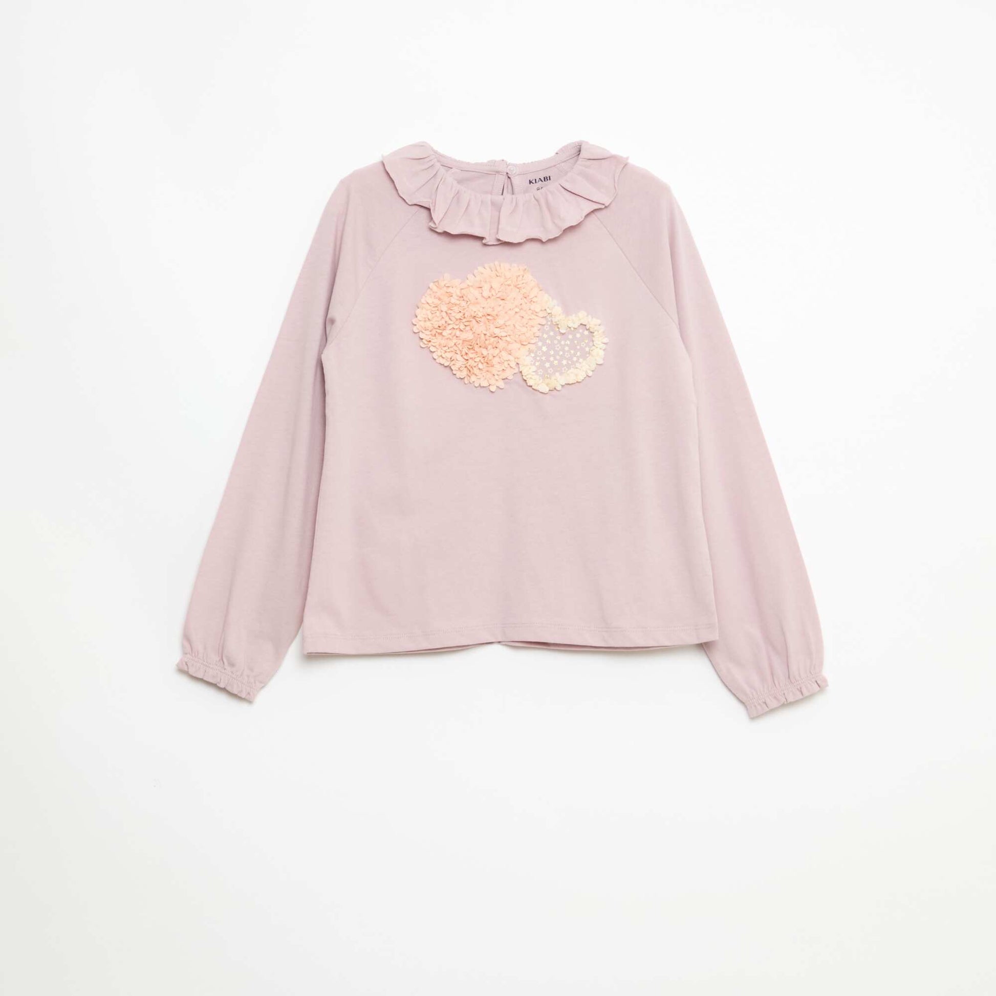 T-shirt col volanté animé en coton ROSE