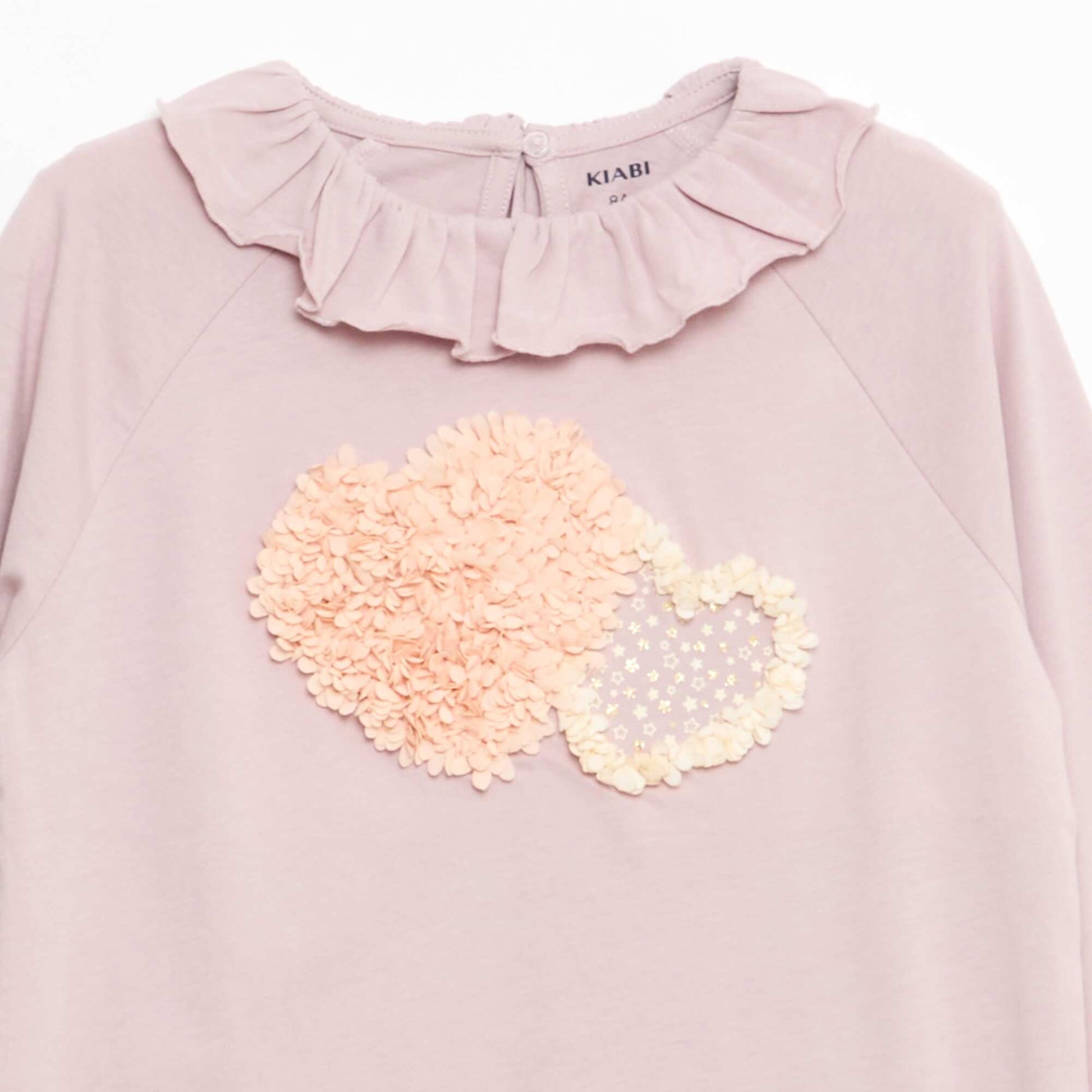 T-shirt col volanté animé en coton ROSE
