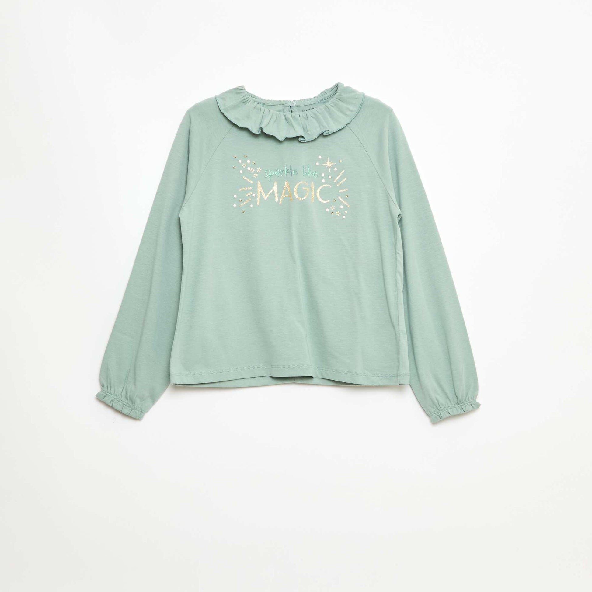 T-shirt col volanté animé en coton VERT