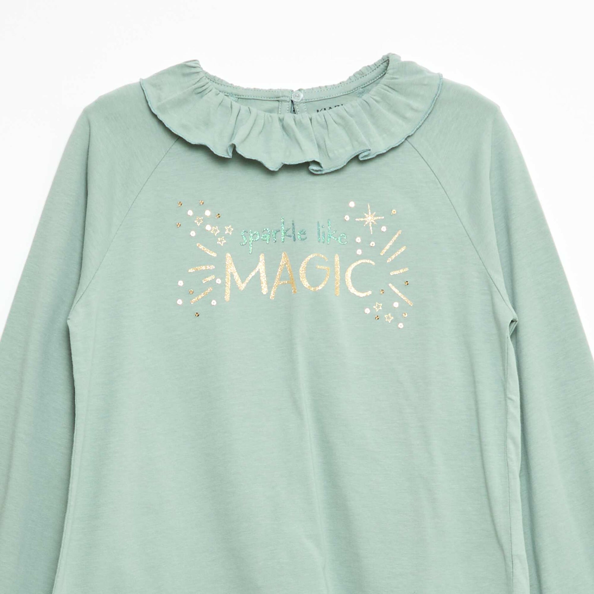 T-shirt col volanté animé en coton VERT