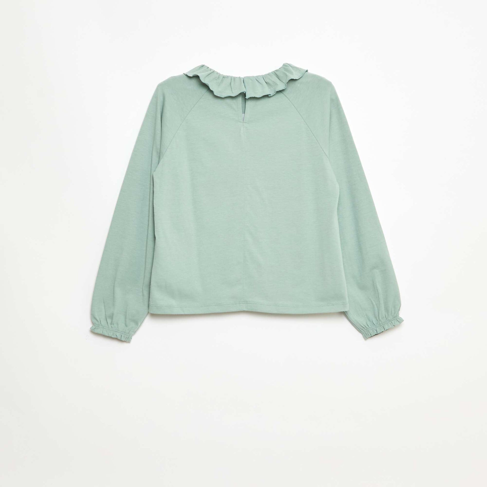 T-shirt col volanté animé en coton VERT
