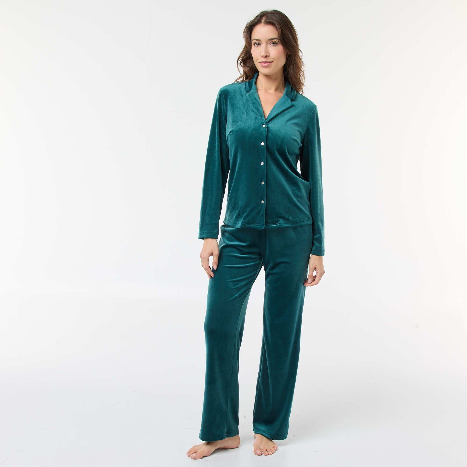 Pyjama long en velours chemisier + pantalon - 2 pièces VERT